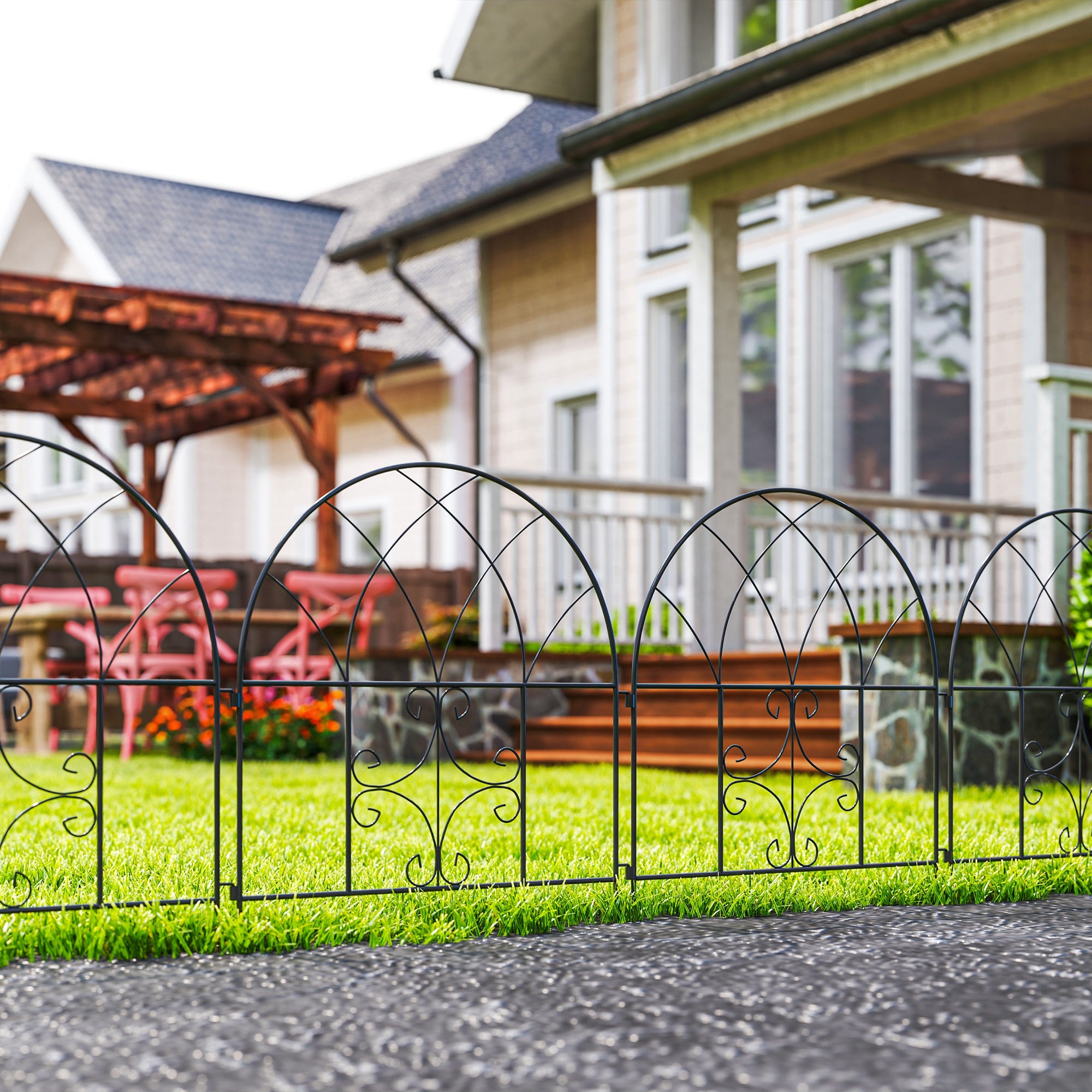 Garden Fence Steel 300 cm x 70 cm High Decorative Grid Fence Set Fence Elements Landscape Fence Arch Fence for Dogs Dog Fence for Garden Flower Beds Animal Barrier Outdoor Area Black