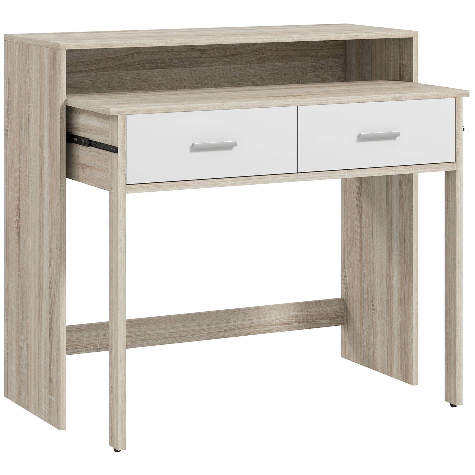 Console Desk Extensible with 2 Slide-Out Shelves 2 Drawers and 2 Anti-topple Wheels Double Entry Table 95x35x87 cm Oak