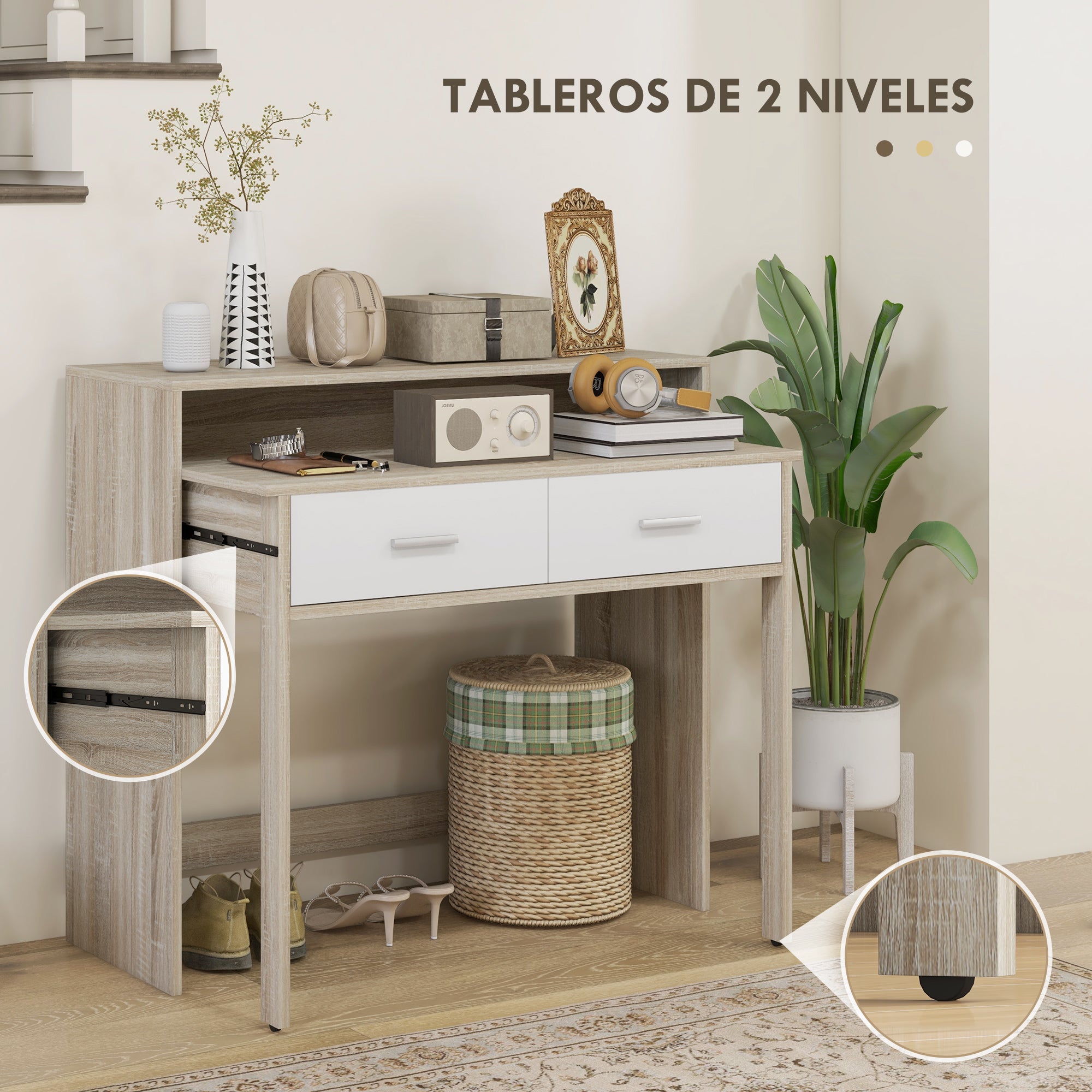 Console Desk Extensible with 2 Slide-Out Shelves 2 Drawers and 2 Anti-topple Wheels Double Entry Table 95x35x87 cm Oak