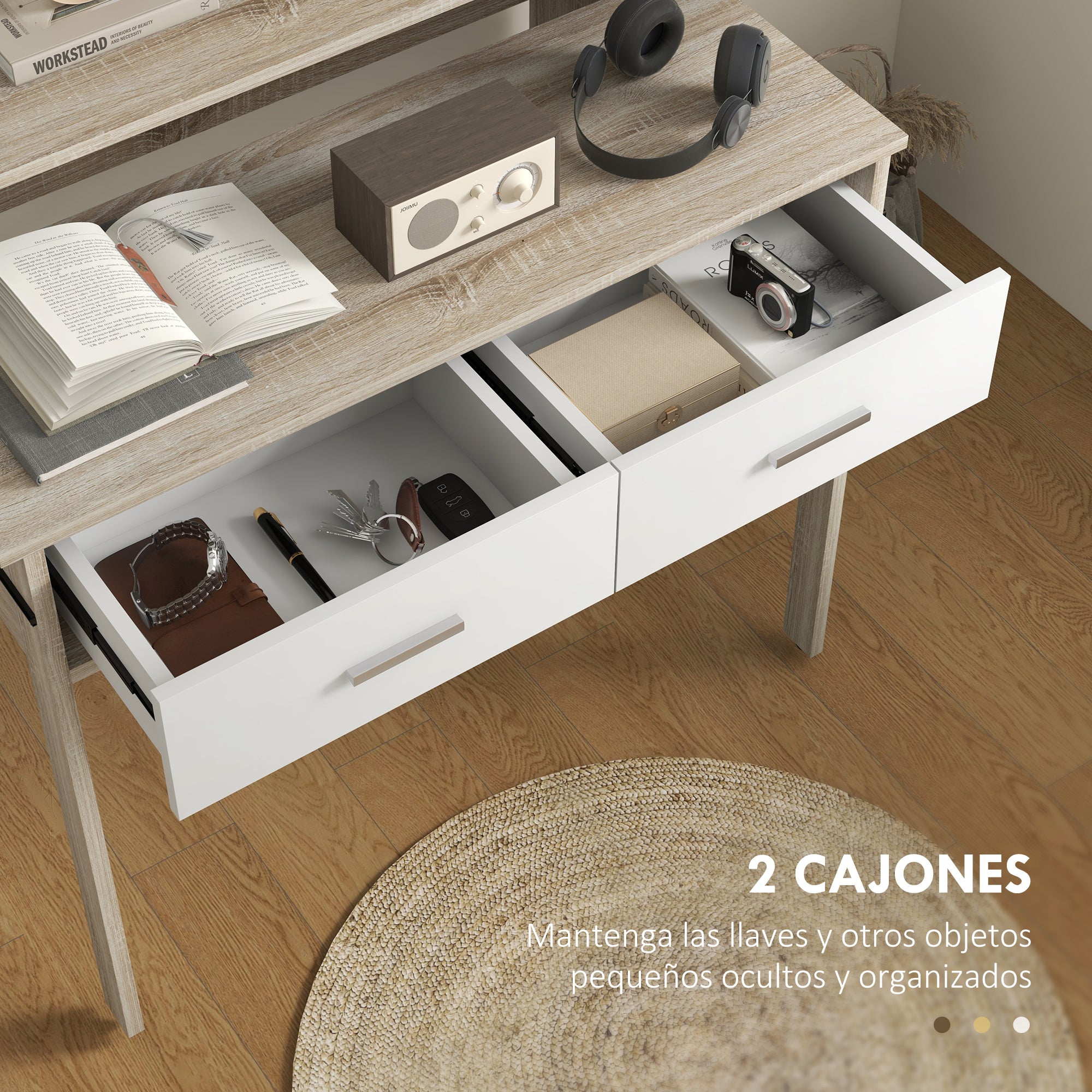 Console Desk Extensible with 2 Slide-Out Shelves 2 Drawers and 2 Anti-topple Wheels Double Entry Table 95x35x87 cm Oak
