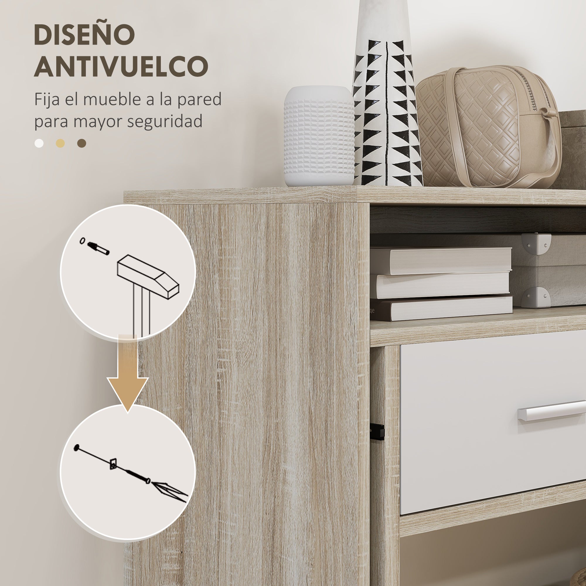 Console Desk Extensible with 2 Slide-Out Shelves 2 Drawers and 2 Anti-topple Wheels Double Entry Table 95x35x87 cm Oak