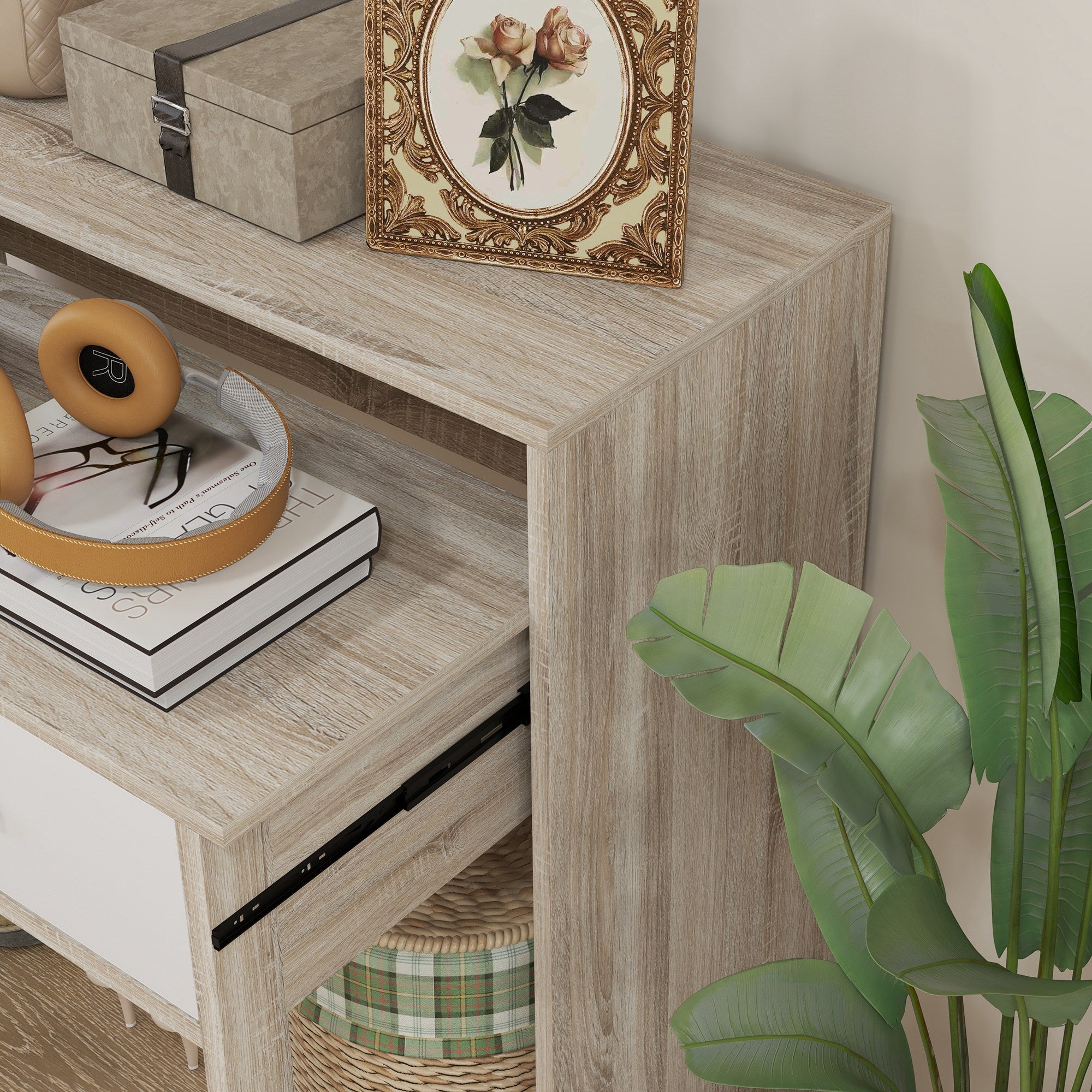 Console Desk Extensible with 2 Slide-Out Shelves 2 Drawers and 2 Anti-topple Wheels Double Entry Table 95x35x87 cm Oak