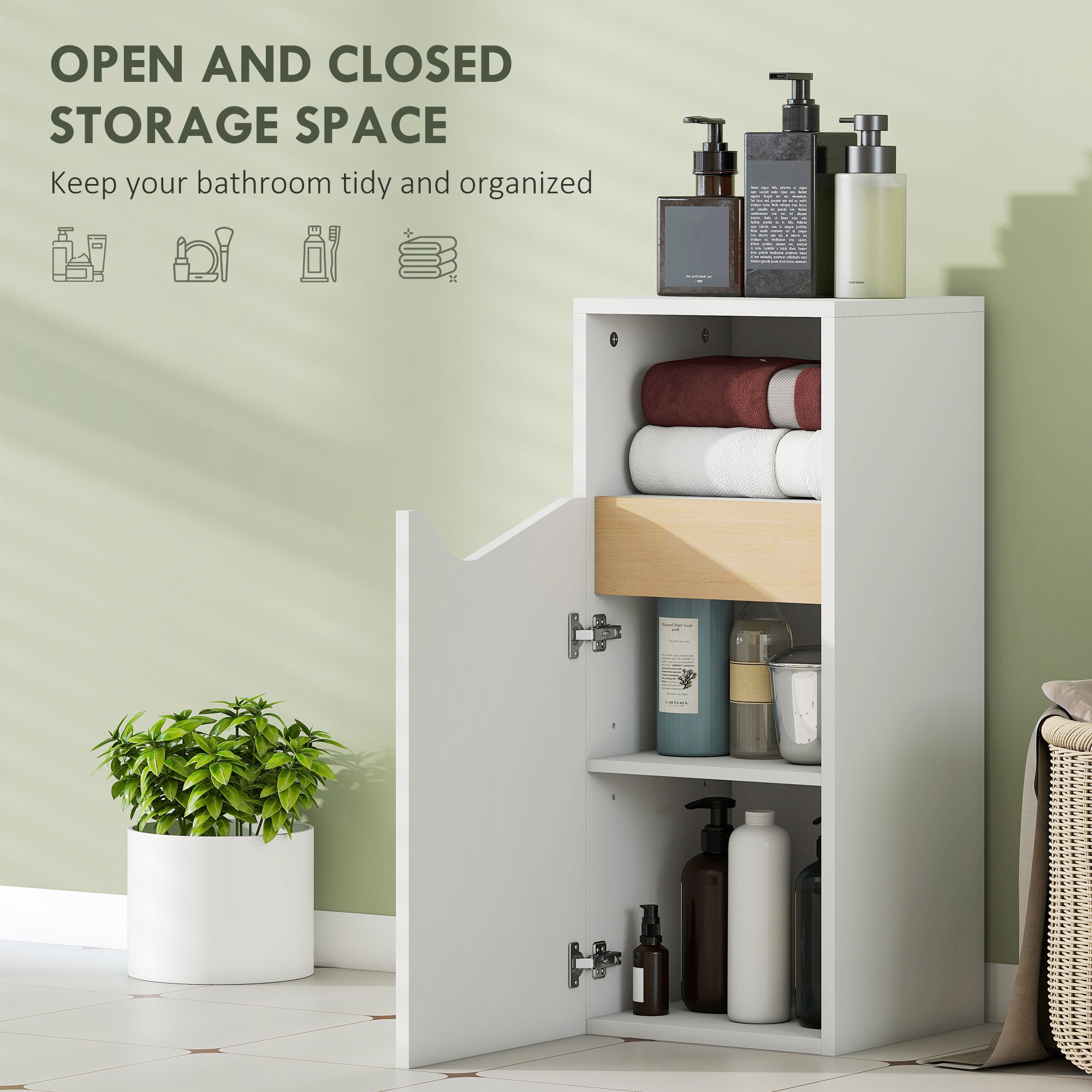 Narrow Bathroom Cabinet with Adjustable Shelves & Open Cubby, Soft‑Close Door — 11.8 x 11.8 x 28.1 in, White/Natural