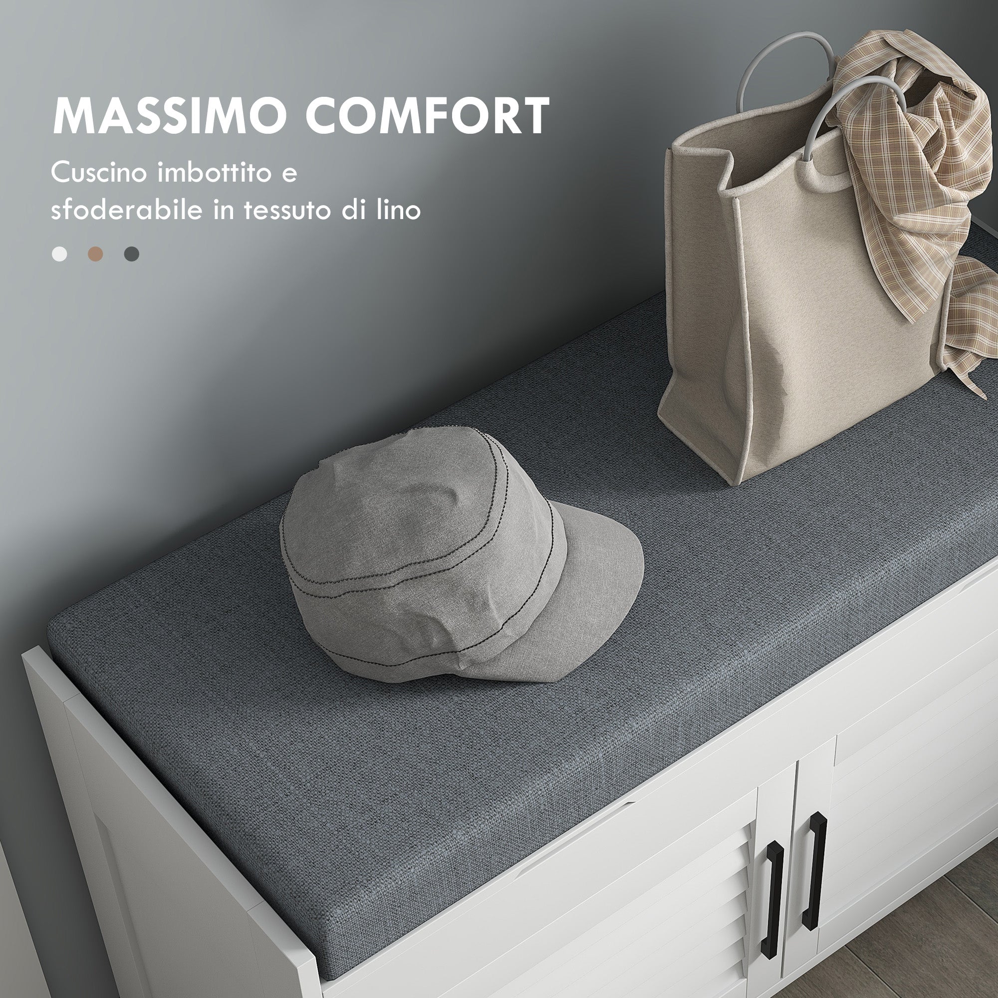 Shoe Bench with Adjustable Internal Shelf at 3 Levels, Slim Shoe Bench in MDF and Linen Fabric Effect, 90x36x50 cm, White and Gray