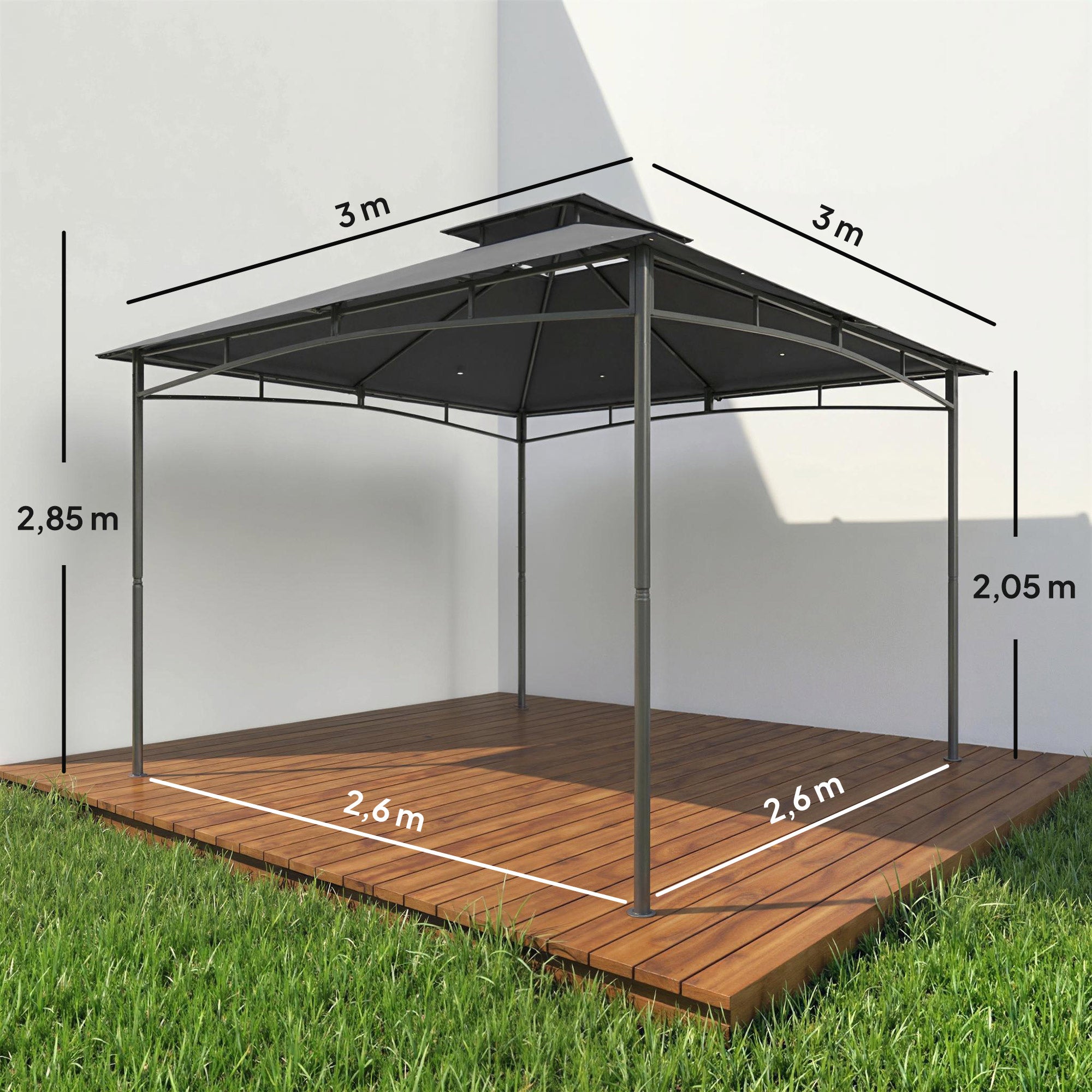 3 x 3 m Waterproof Garden Gazebo — Double Roof, Retractable Top Frame, UPF 50+, Powder-Coated Metal, Dark Gray