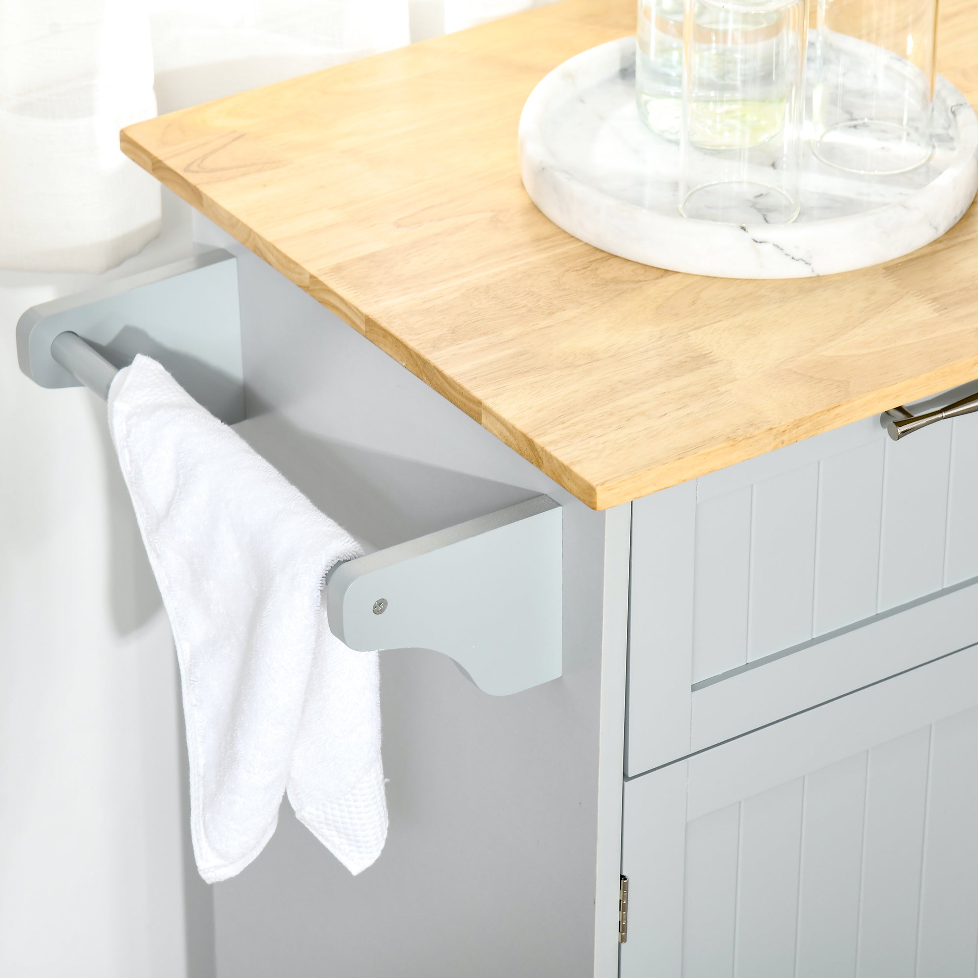 Kitchen Island with Rubber Wood Worktop, Kitchen Trolley with Wheels, 2 Drawers, Cabinet, Adjustable Shelves, and Towel Holder, in MDF, 104x46x91cm, Gray