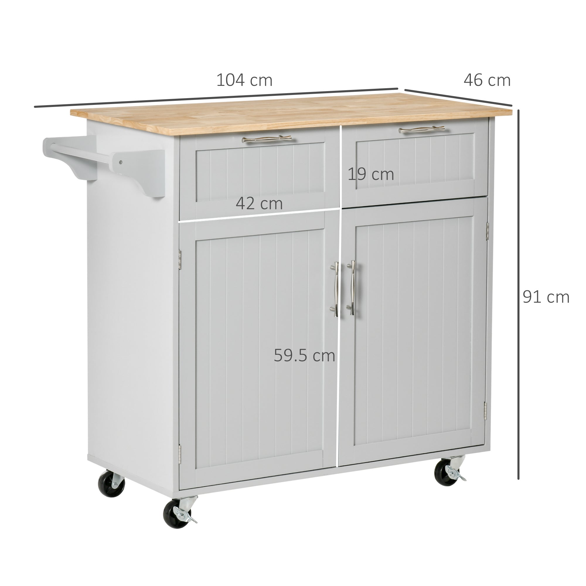 Kitchen Island with Rubber Wood Worktop, Kitchen Trolley with Wheels, 2 Drawers, Cabinet, Adjustable Shelves, and Towel Holder, in MDF, 104x46x91cm, Gray