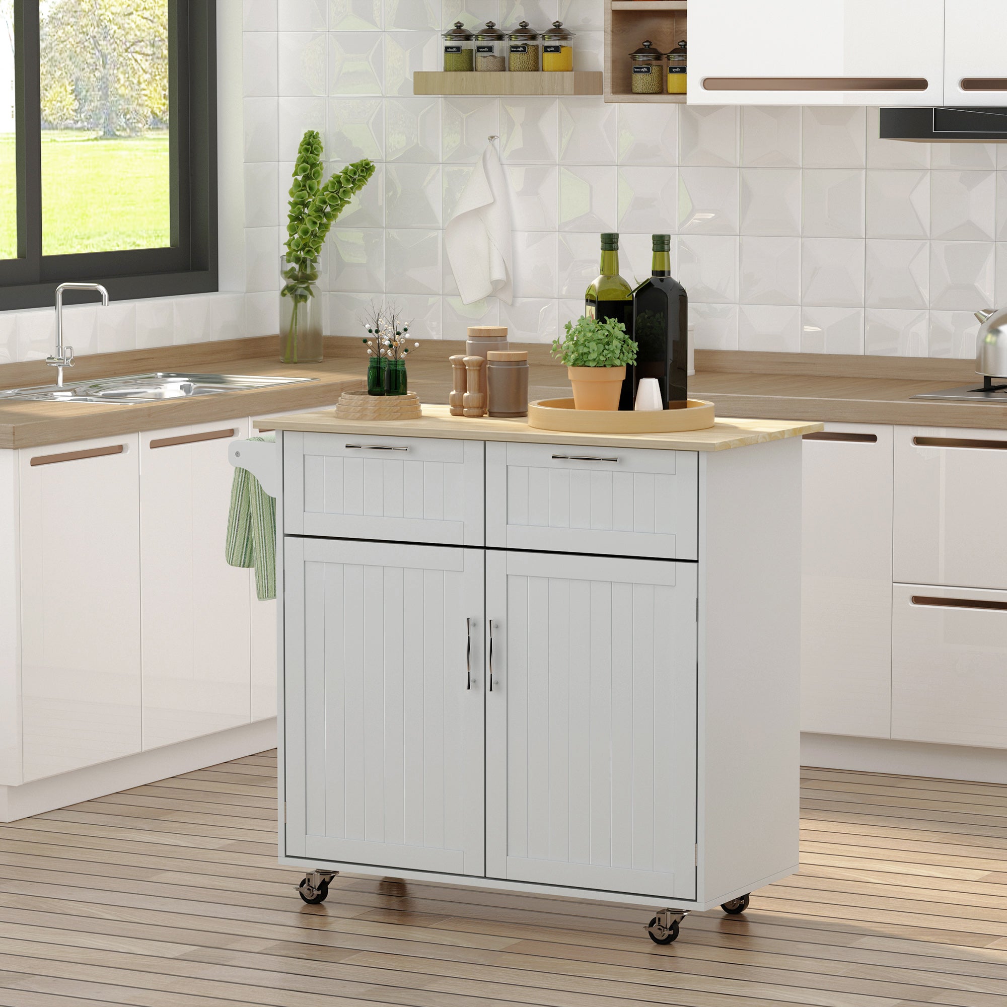 Kitchen Island with Rubber Wood Worktop, Kitchen Trolley with Wheels, 2 Drawers, Cabinet, Adjustable Shelves, and Towel Holder, in MDF, 104x46x91cm, Gray