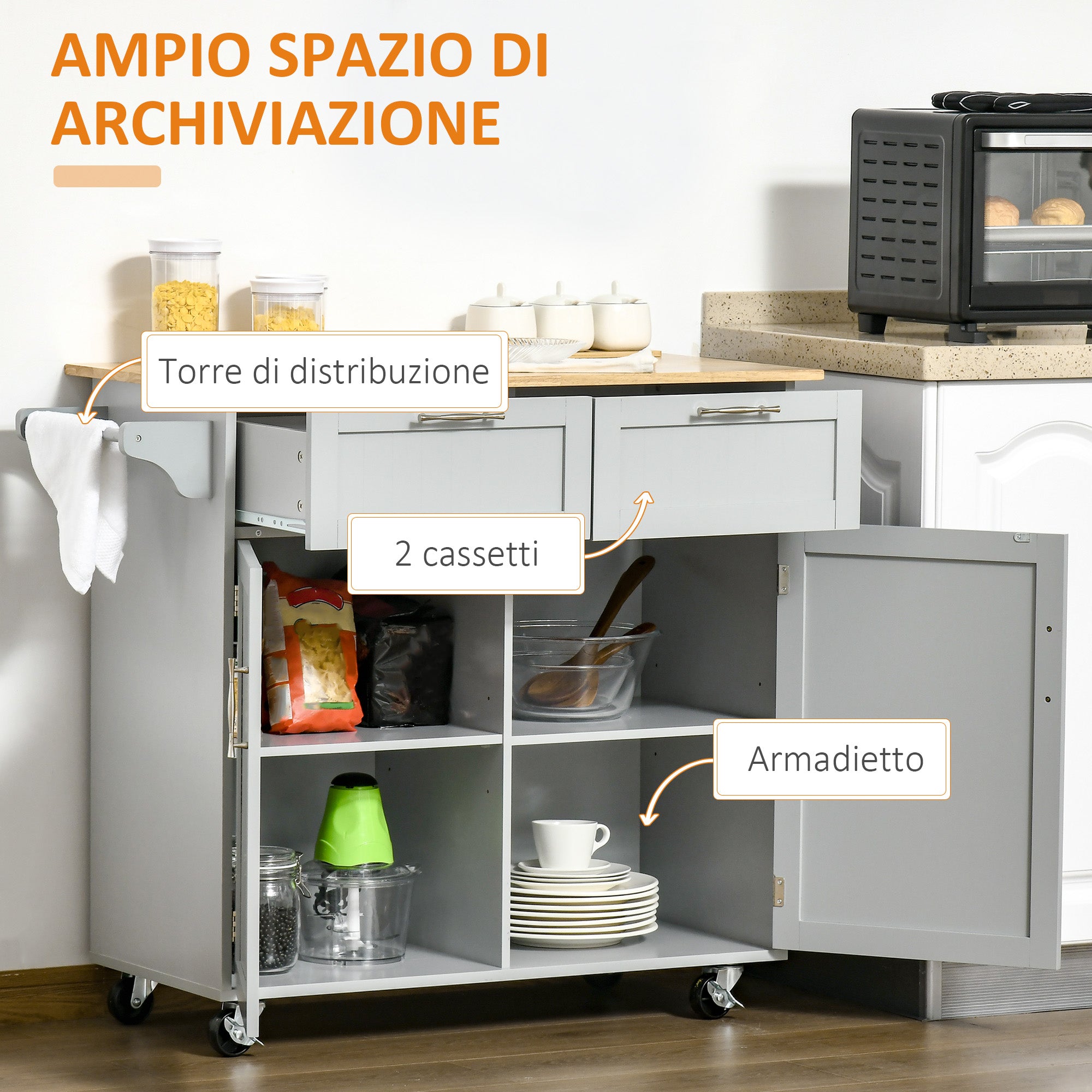 Kitchen Island with Rubber Wood Worktop, Kitchen Trolley with Wheels, 2 Drawers, Cabinet, Adjustable Shelves, and Towel Holder, in MDF, 104x46x91cm, Gray