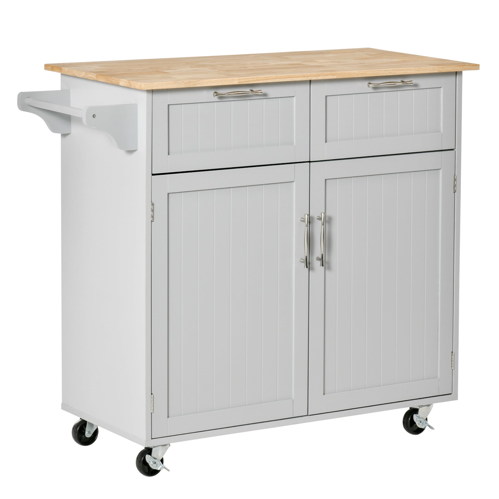 Kitchen Island with Rubber Wood Worktop, Kitchen Trolley with Wheels, 2 Drawers, Cabinet, Adjustable Shelves, and Towel Holder, in MDF, 104x46x91cm, Gray