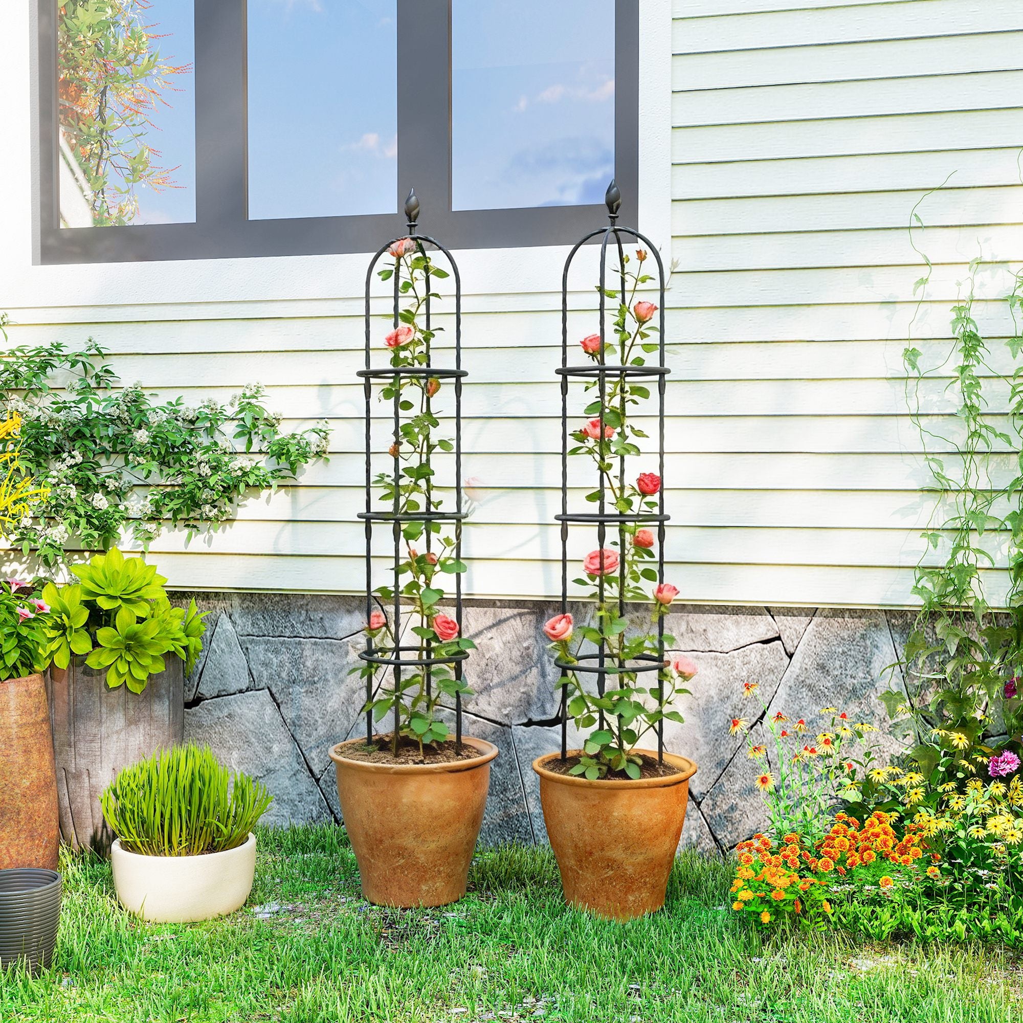 Set of 2 Steel Garden Obelisks, 174 cm Trellis Supports for Climbing Plants, Roses, Fruit & Vegetables, Decorative Outdoor Plant Supports, Black