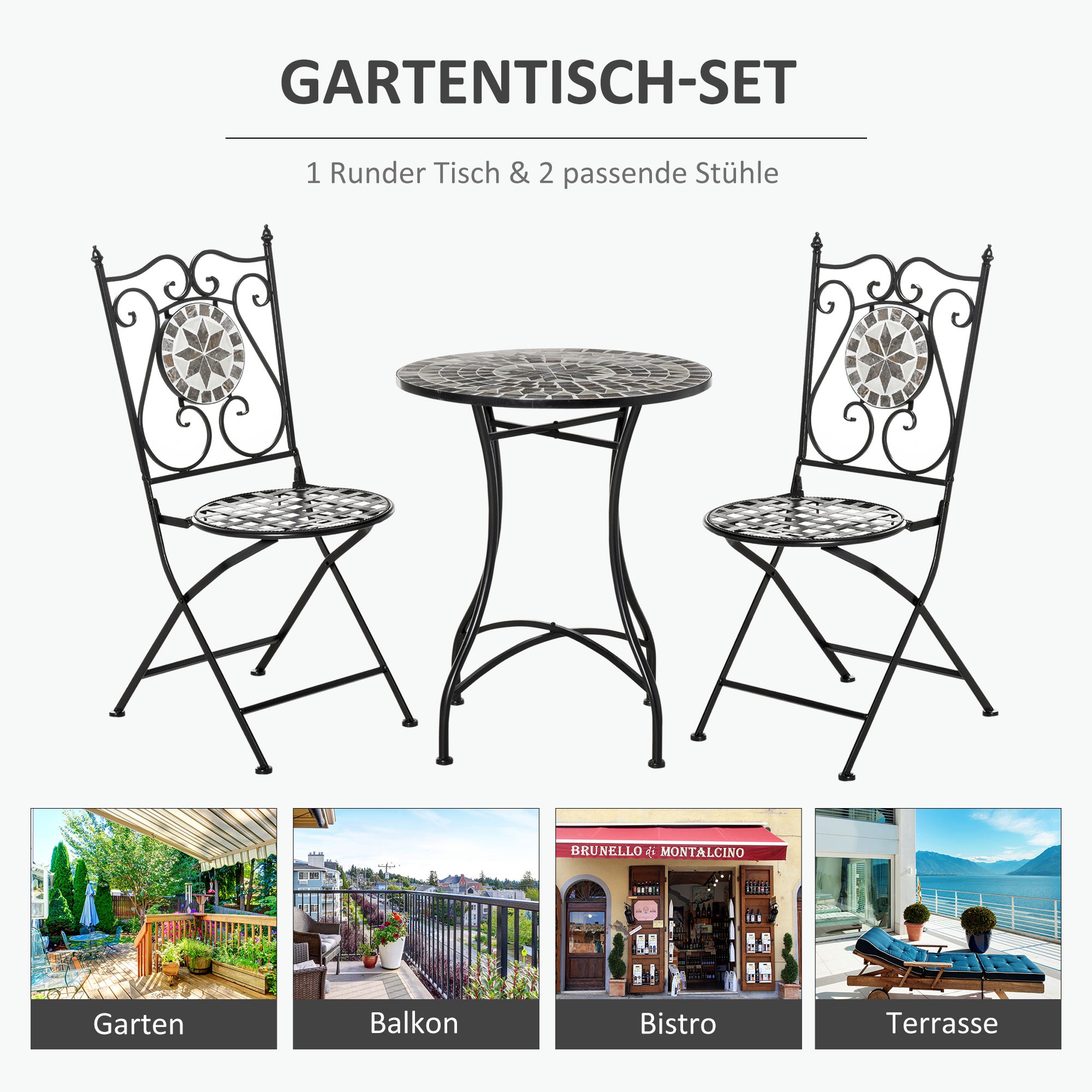 Garden Seating Group 3-Piece Mosaic Table Dining Set Garden Furniture Set Balcony Furniture Set 1 Table+2 Folding Chairs Garden Metal Ceramic Tile Multicolor