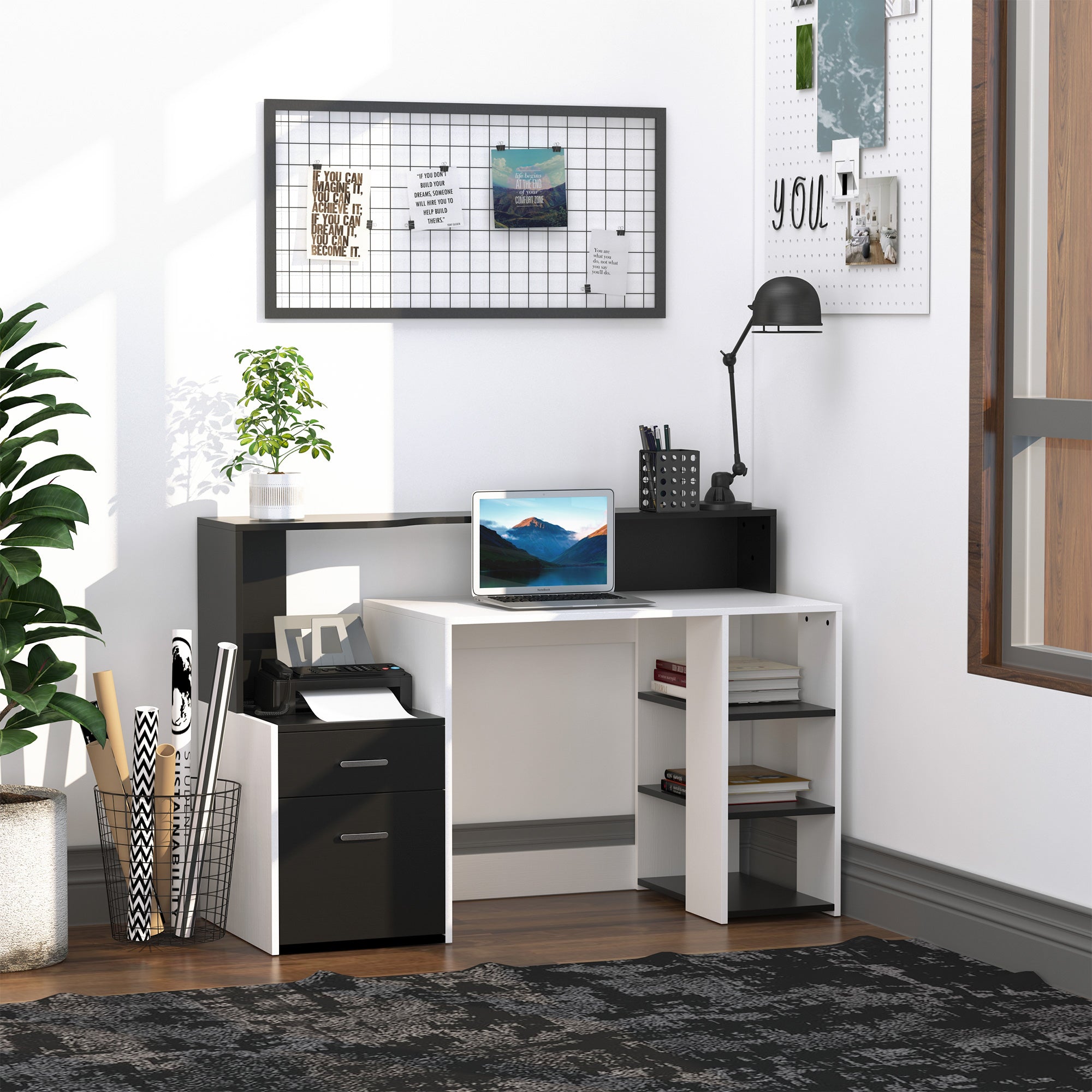 Computer Desk with Multimedia Storage Design Multi-Storage 137 L x 55 W x 92 H cm Black and White