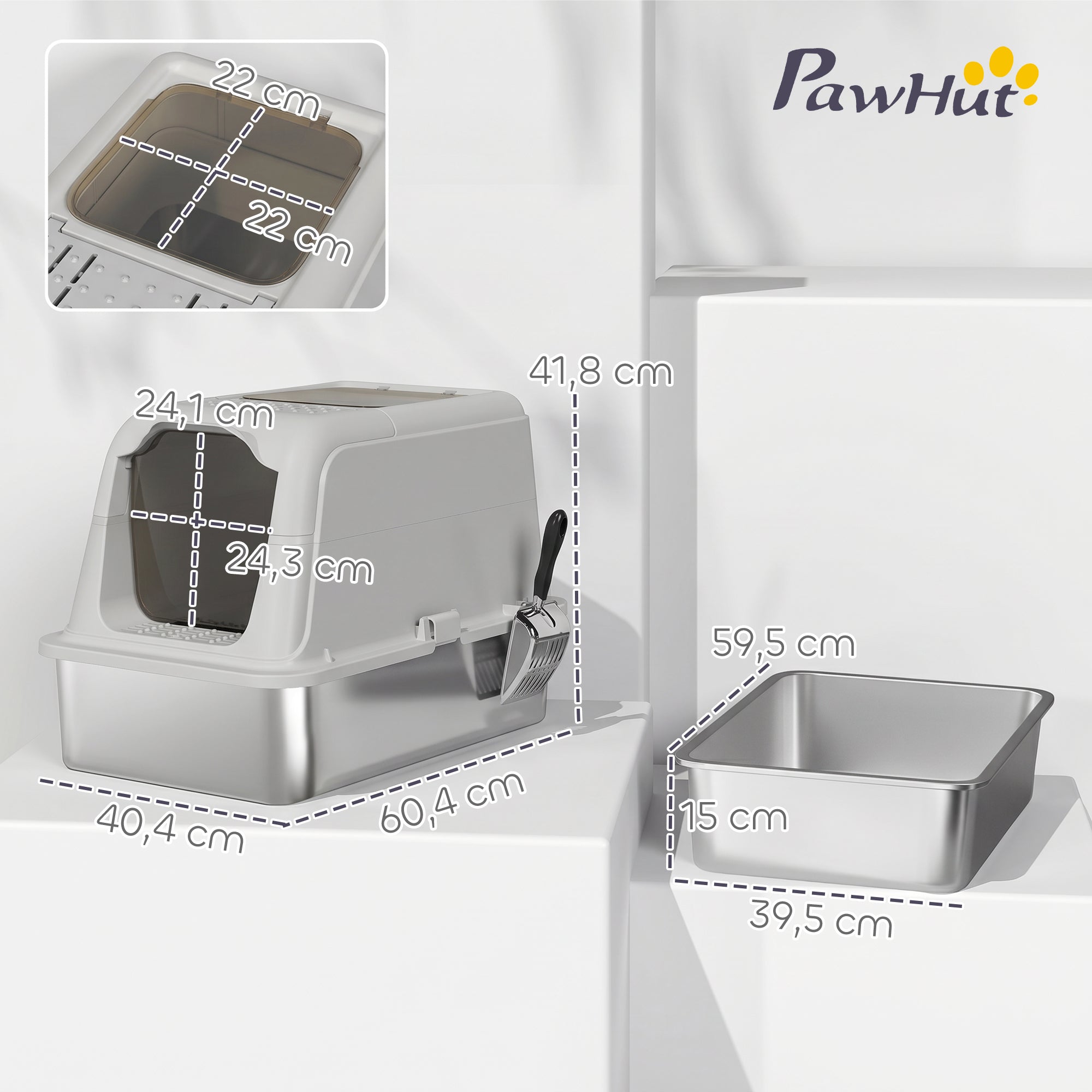 Covered Cat Litter Box with Stainless Steel Tray — Anti-Tracking, Leak-Resistant, Easy-Clean; For Large Cats up to 8 kg (17.6 lb), 60.4 x 40.4 x 41.8 cm (23.8 x 15.9 x 16.5 in), Light Gray & Black