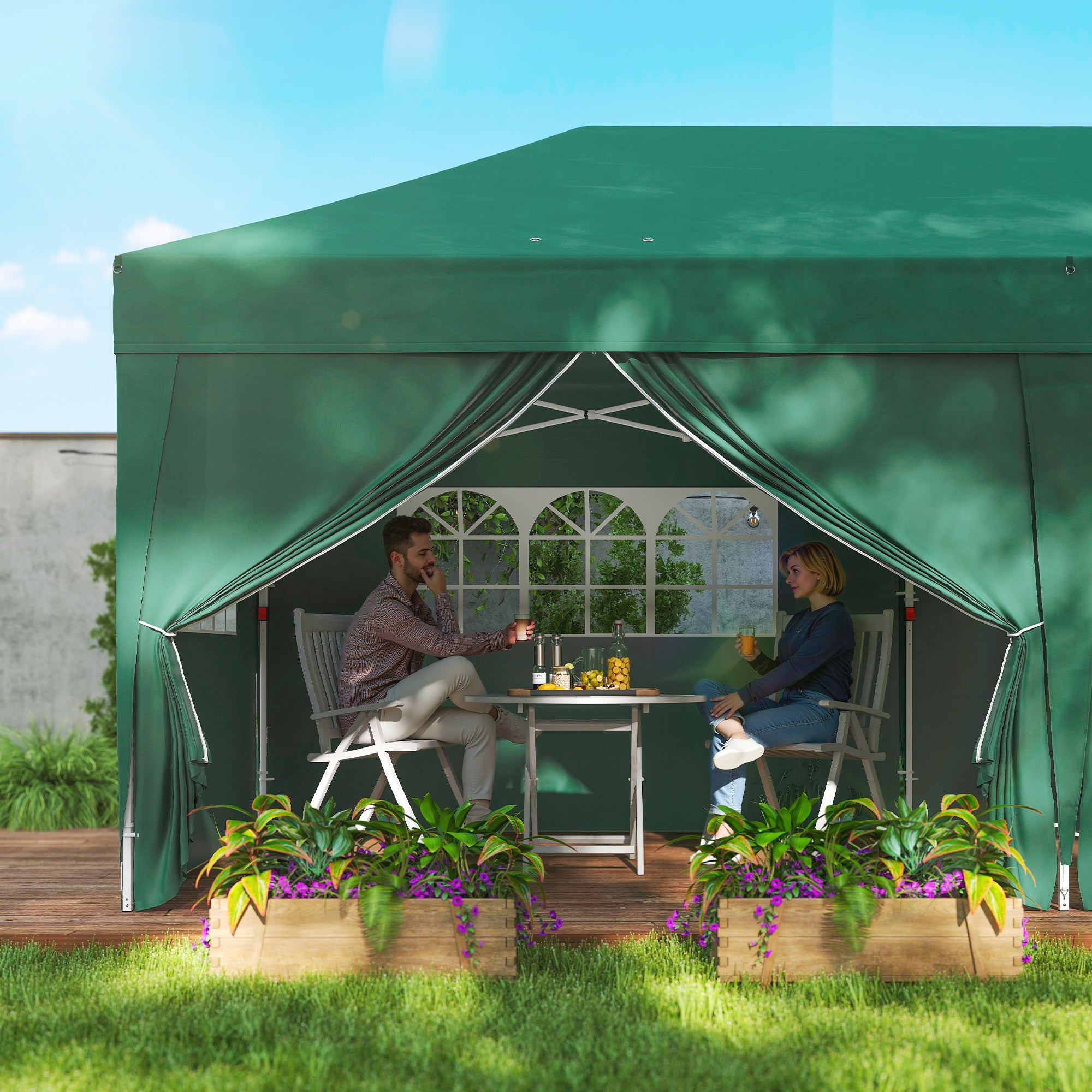 Pavilion approx. 19'4" x 9'8" Pop-Up Folding Gazebo with Windowed Zip Door & Removable Sides, UV Protection, Dark Green