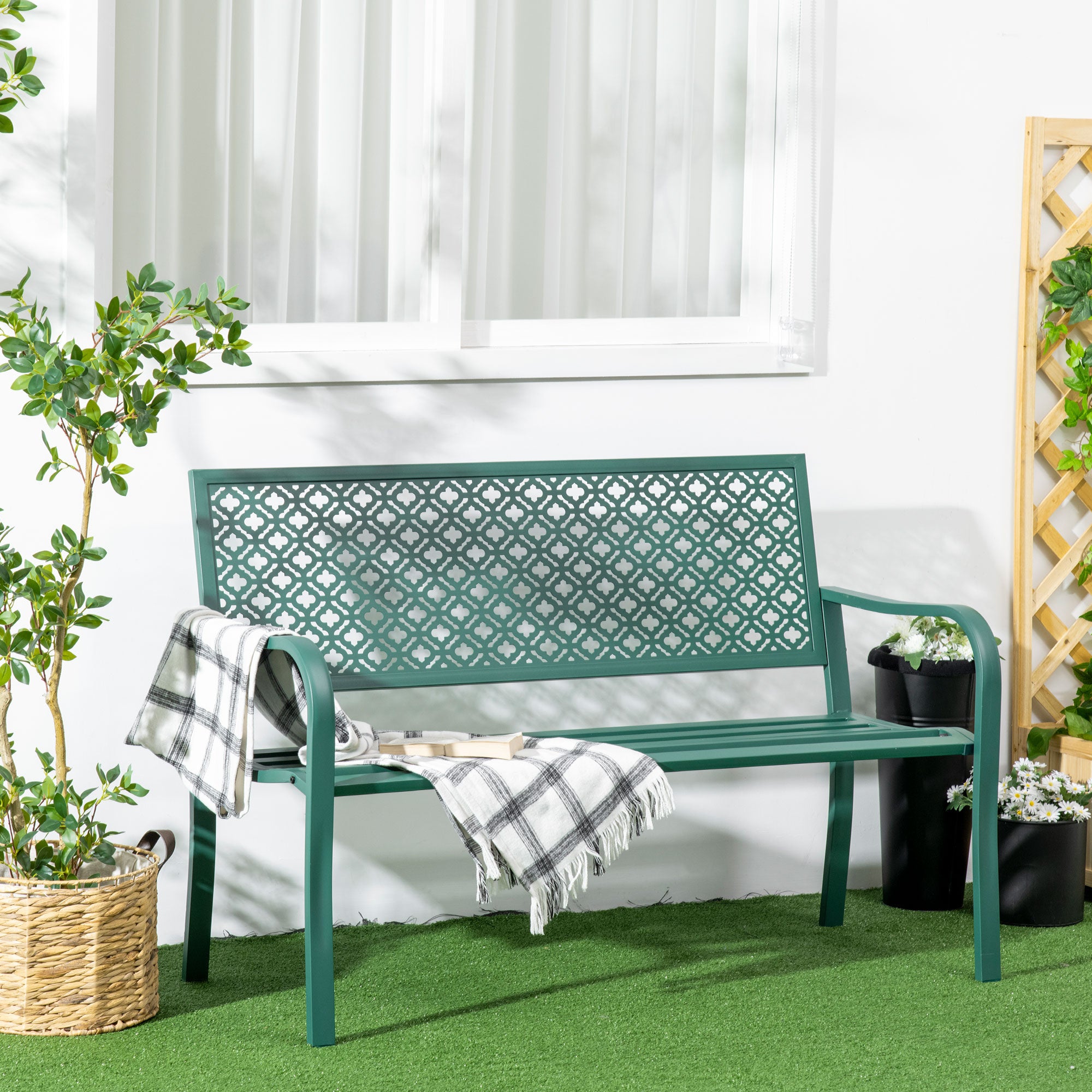 Steel Garden Bench, 2-Seater Park Bench with Backrest & Armrest, Bench with Flower Pattern, for Garden, Balcony, max. 240 kg, Dark Green, 127 x 63 x 83 cm