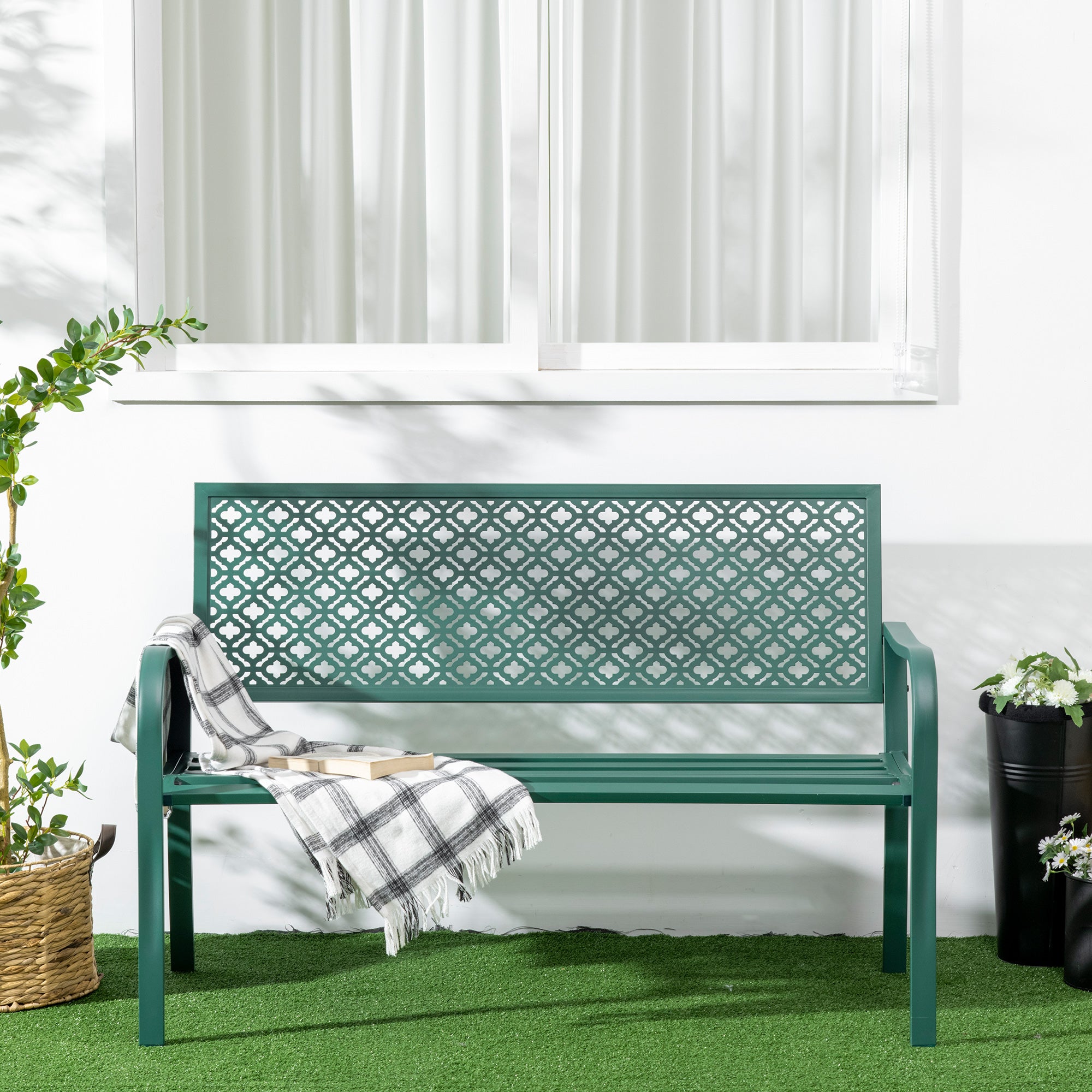 Steel Garden Bench, 2-Seater Park Bench with Backrest & Armrest, Bench with Flower Pattern, for Garden, Balcony, max. 240 kg, Dark Green, 127 x 63 x 83 cm