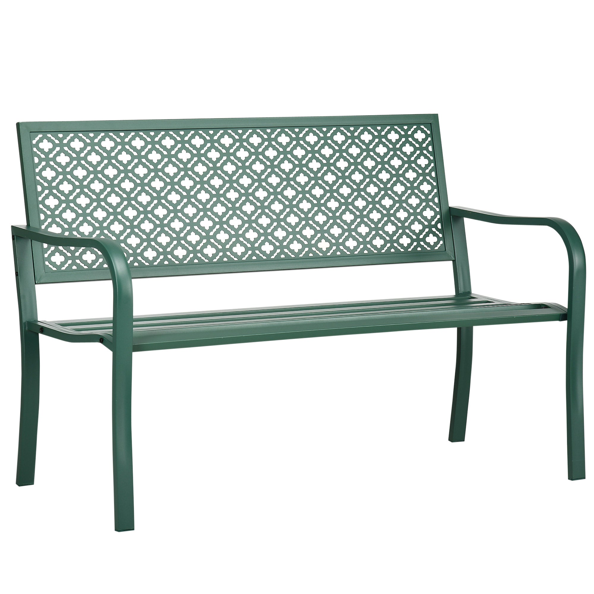 Steel Garden Bench, 2-Seater Park Bench with Backrest & Armrest, Bench with Flower Pattern, for Garden, Balcony, max. 240 kg, Dark Green, 127 x 63 x 83 cm