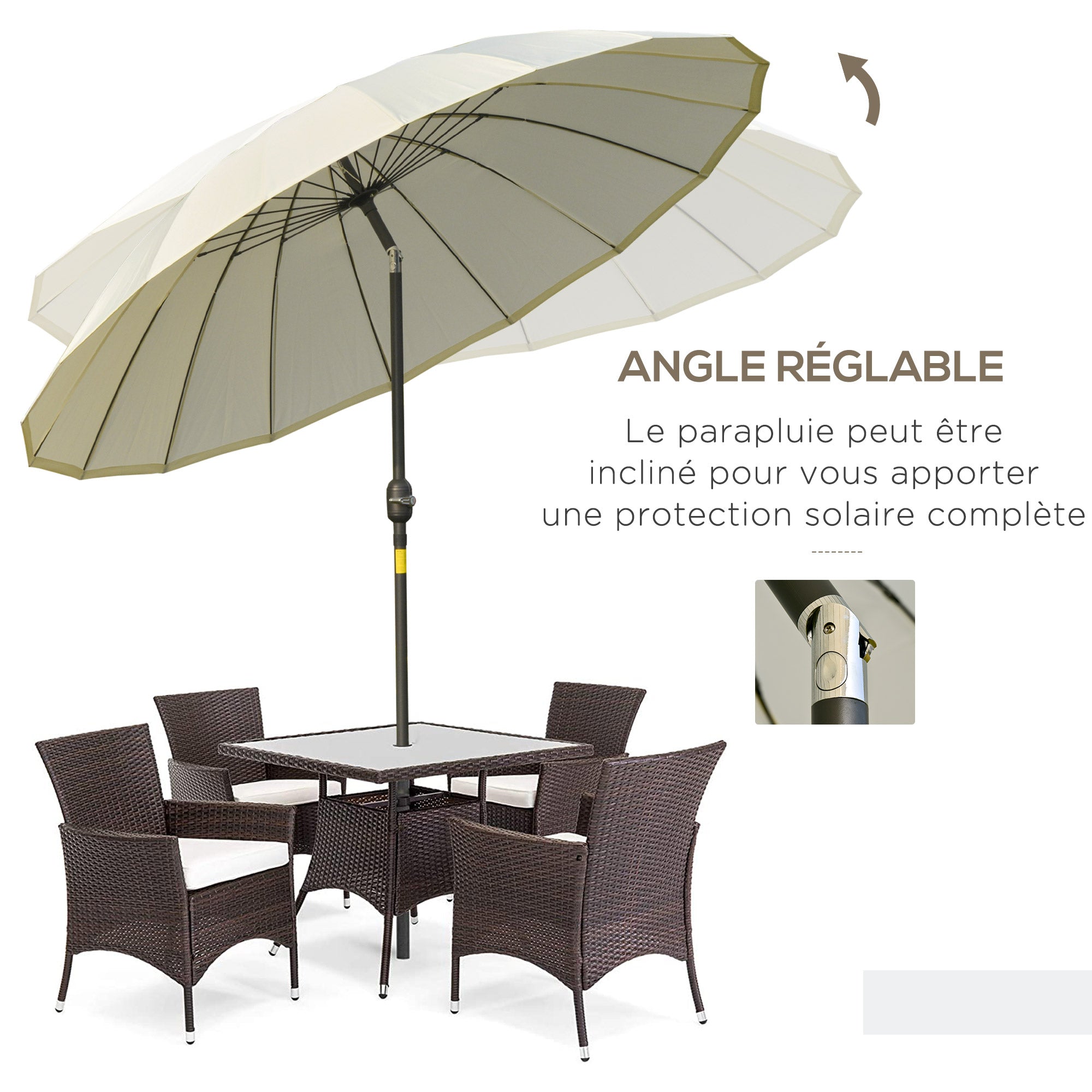 Straight Tilt Garden Parasol Round with 18 Ribs Crank Metal Mast Fiberglass Ø 2.5 m High-Density Polyester Beige