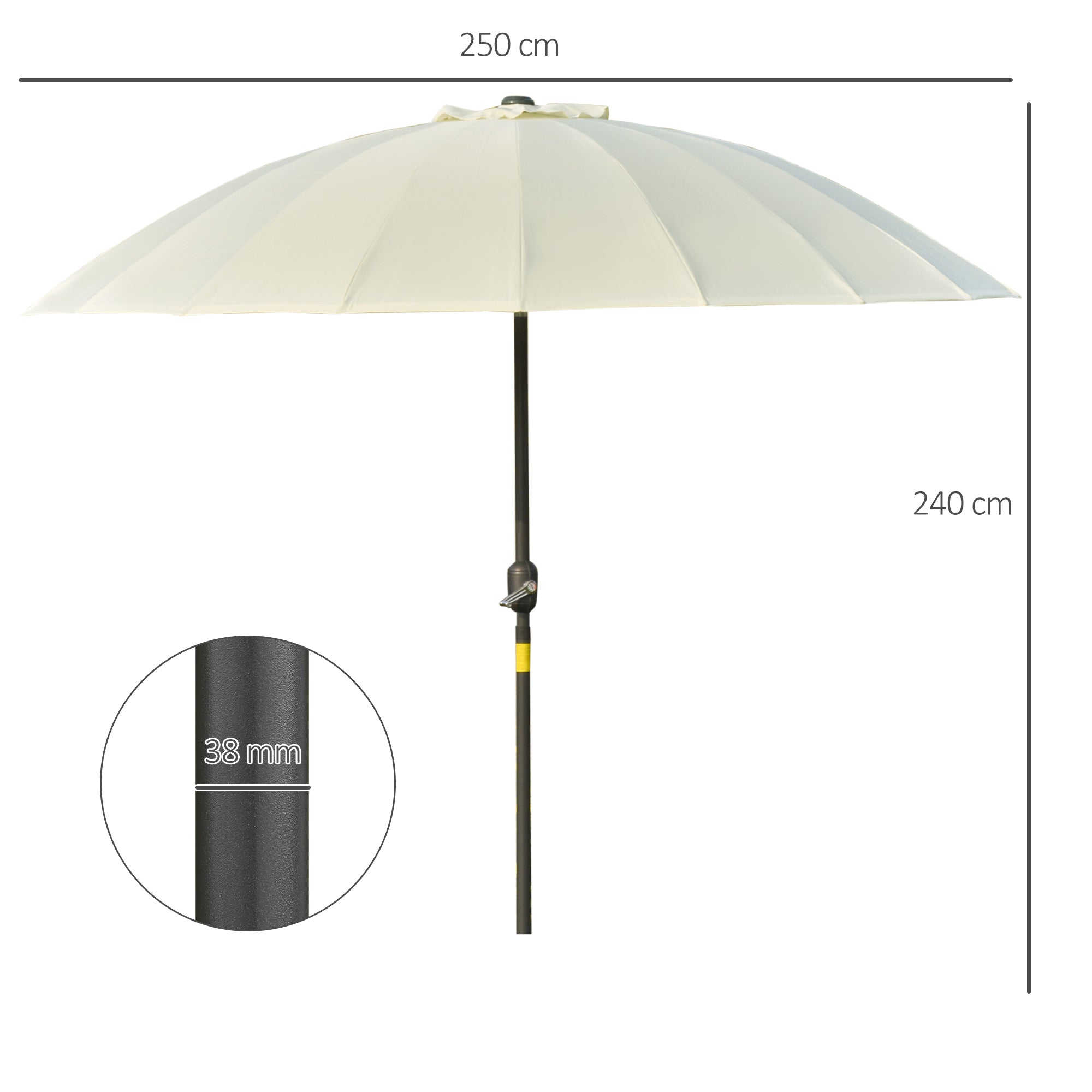 Straight Tilt Garden Parasol Round with 18 Ribs Crank Metal Mast Fiberglass Ø 2.5 m High-Density Polyester Beige