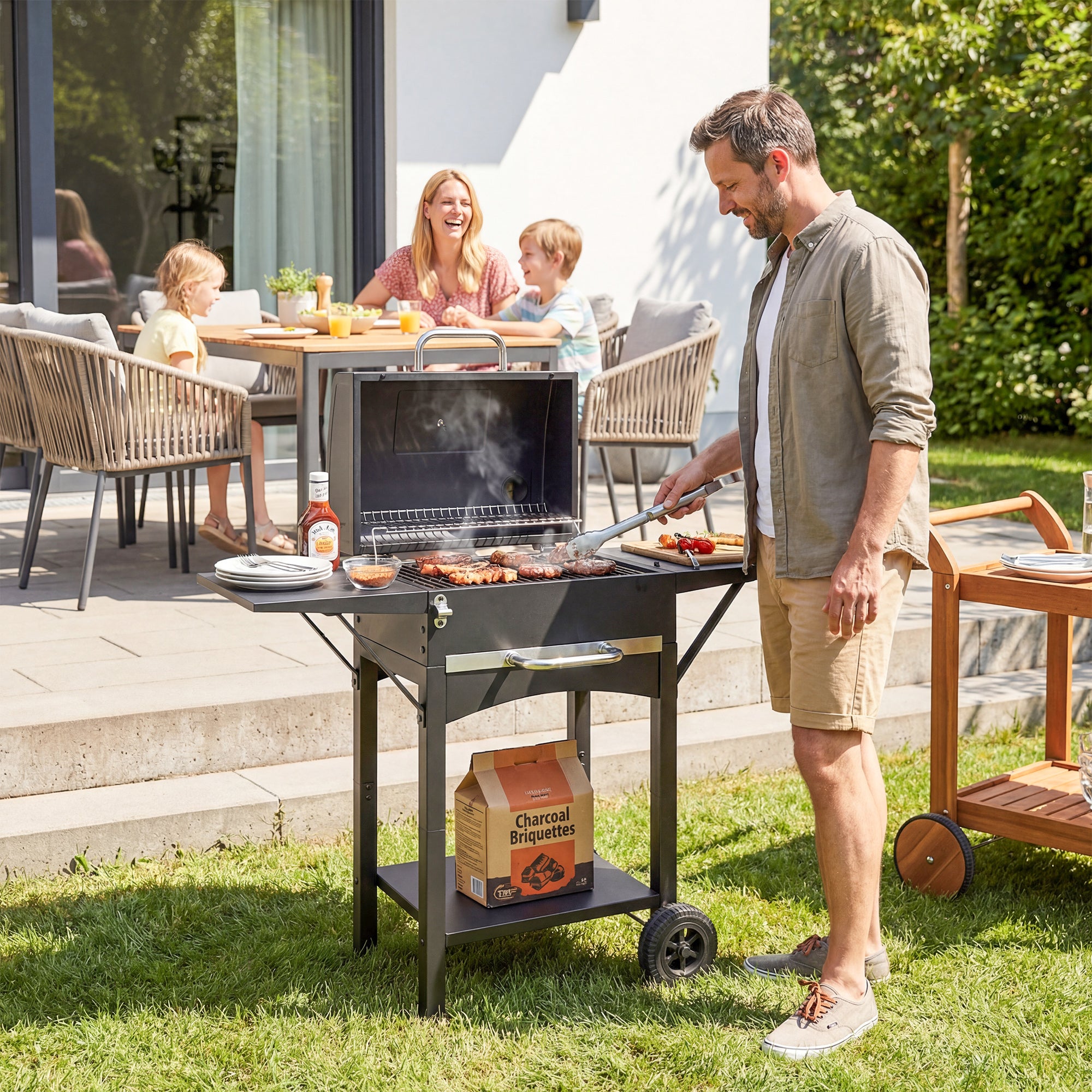 Charcoal Grill with Lid — BBQ Smoker Cart with 2 Side Tables, Large Cooking Area, Thermometer & Wheels, 43.3 x 18.3 x 39.8 in (Black)