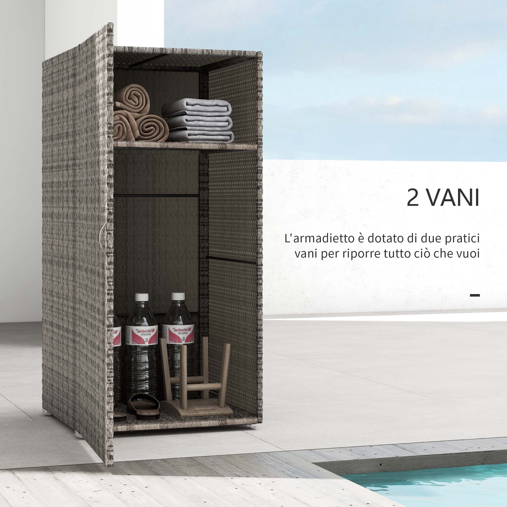 Outdoor and Indoor Rattan PE Cabinet, Garden Cabinet with 2 Compartments for Terrace and Poolside, 60x63x120cm, Grey