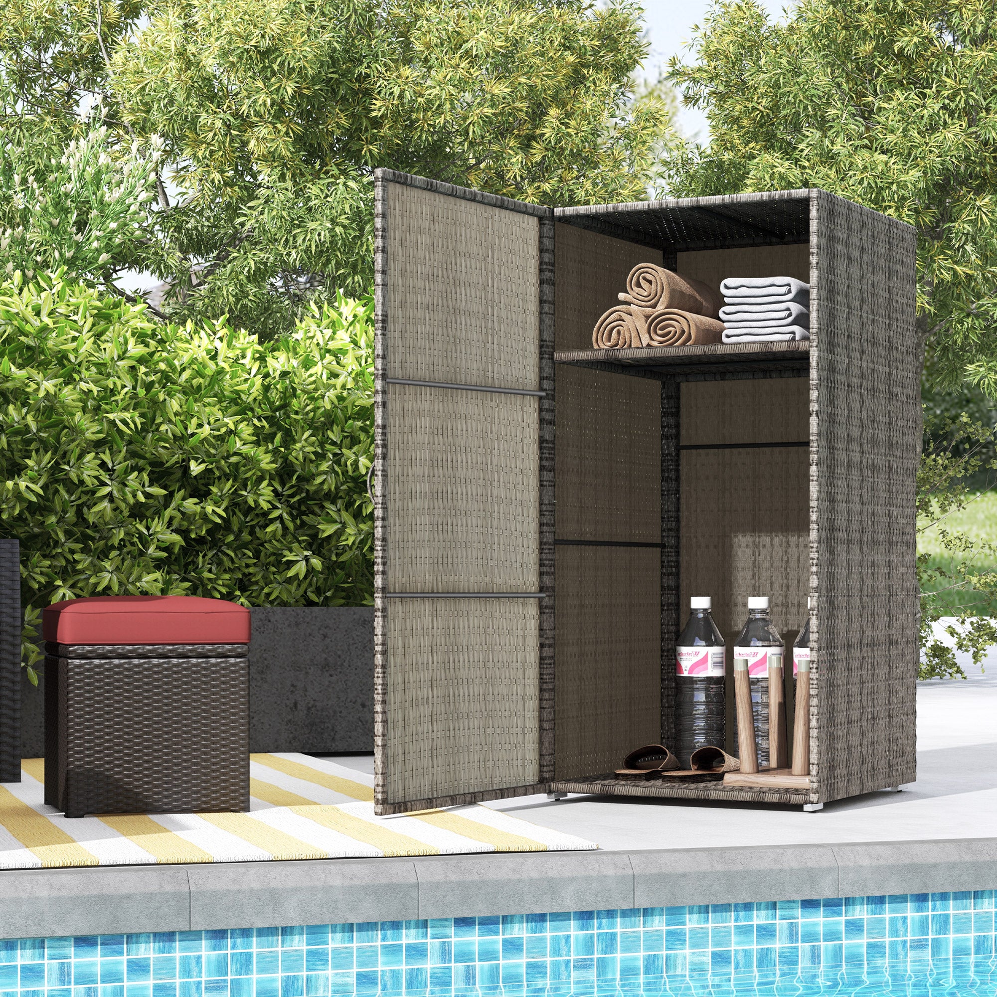 Outdoor and Indoor Rattan PE Cabinet, Garden Cabinet with 2 Compartments for Terrace and Poolside, 60x63x120cm, Grey