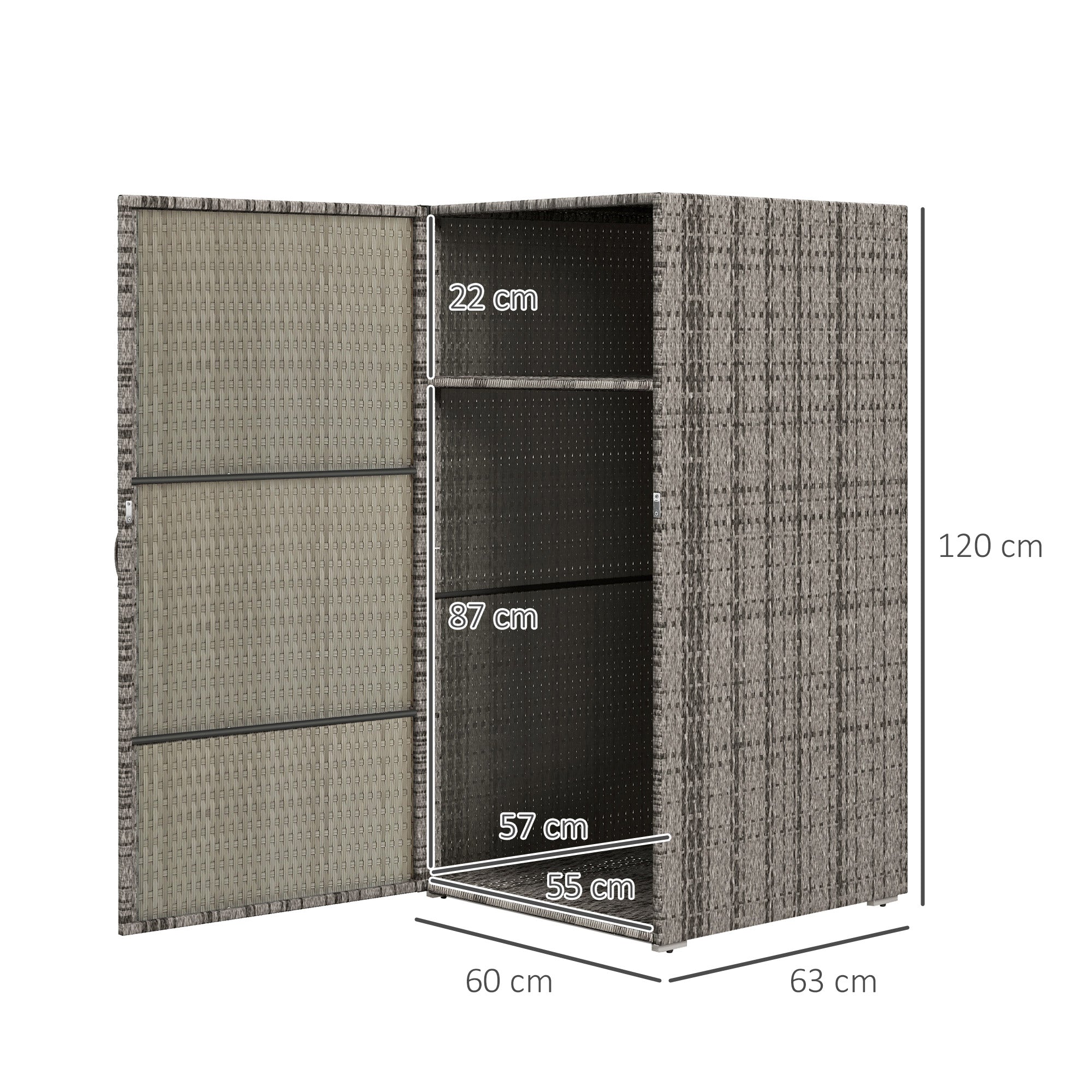 Outdoor and Indoor Rattan PE Cabinet, Garden Cabinet with 2 Compartments for Terrace and Poolside, 60x63x120cm, Grey