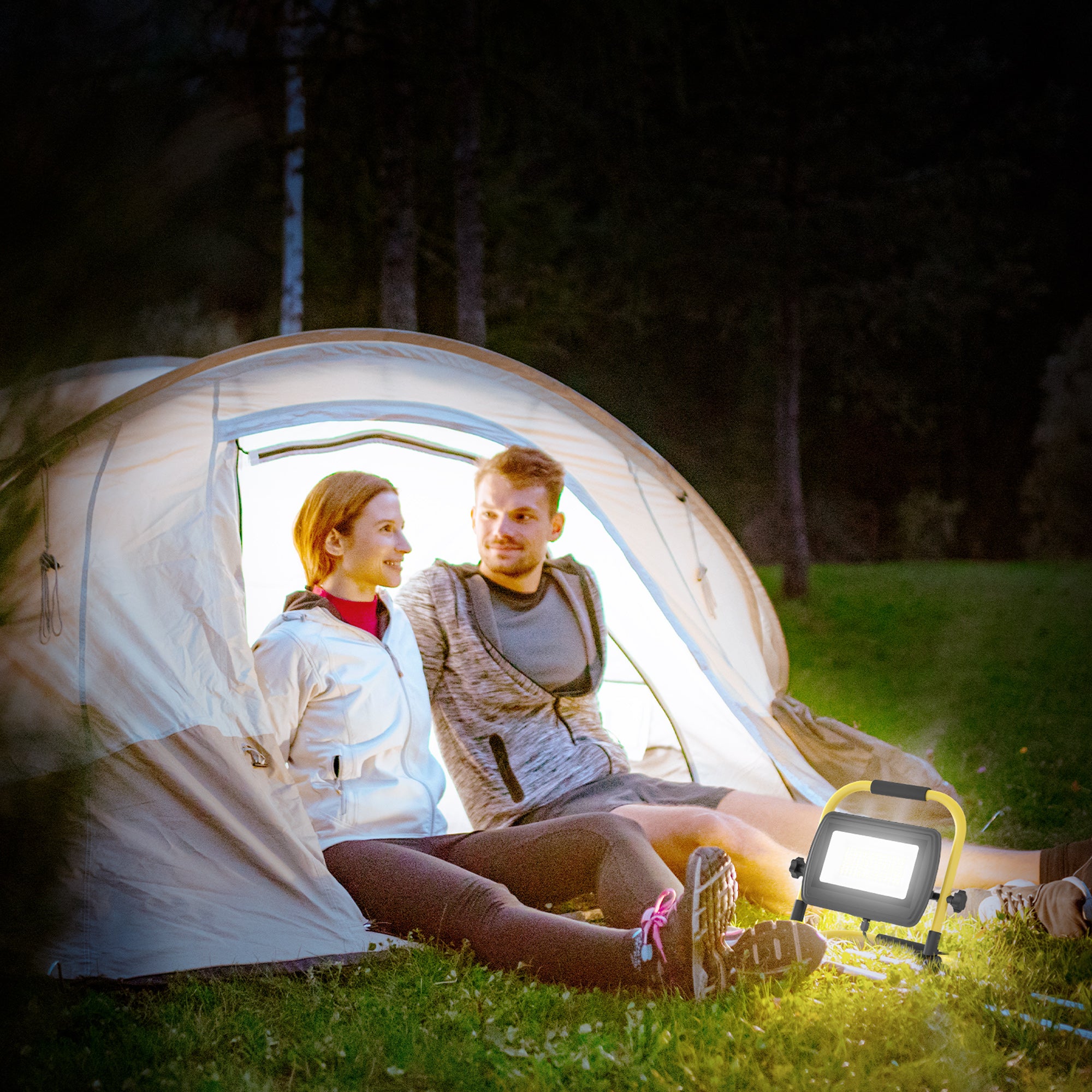 50W LED Floodlight with Adjustable Heads and Stand 4250 Lumens IP65 6500K Weatherproof Portable LED Projector Light with Handle for Indoor and Outdoor Use Yellow and Black