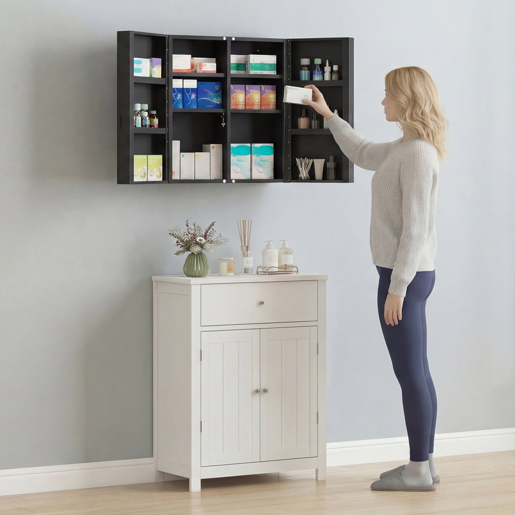 Lockable Medicine Cabinet, 2-Door, 6-Shelf Steel First Aid Cabinet, 21.7 x 7.1 x 23.6 in, Anthracite Black