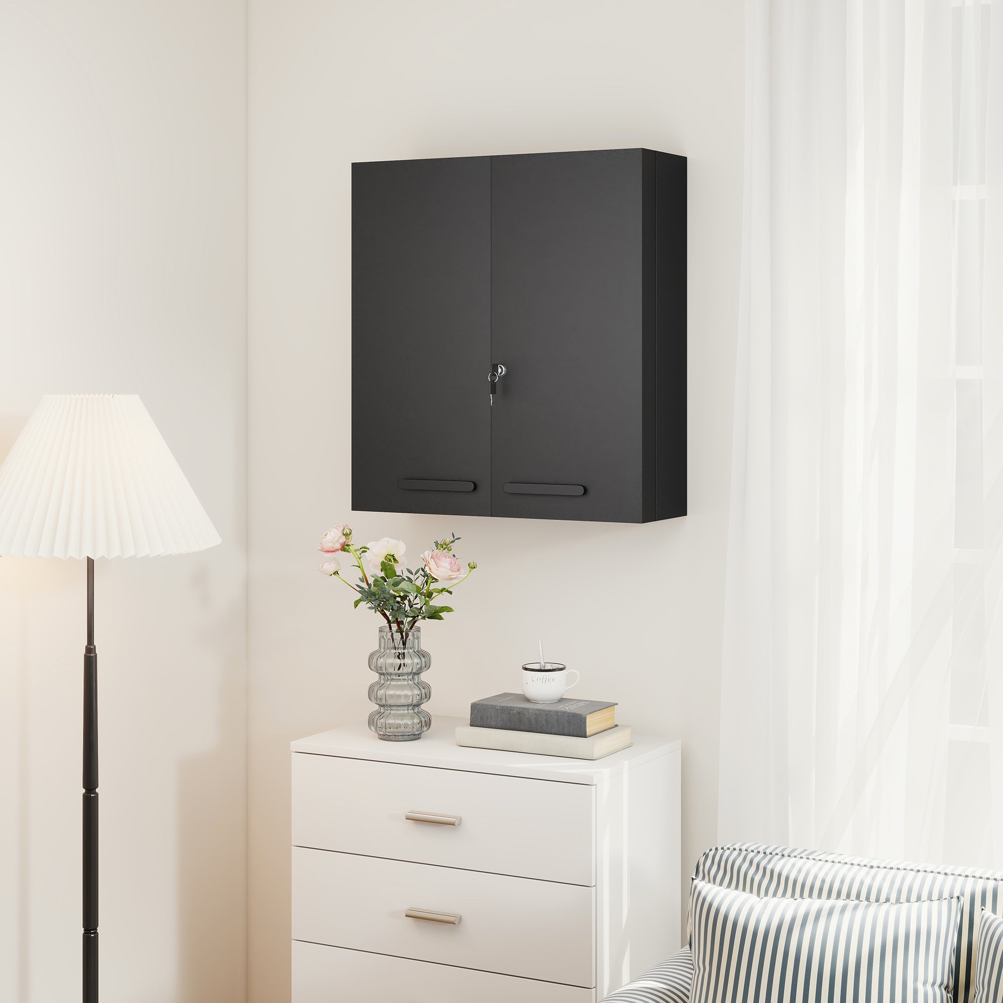 Lockable Medicine Cabinet, 2-Door, 6-Shelf Steel First Aid Cabinet, 21.7 x 7.1 x 23.6 in, Anthracite Black