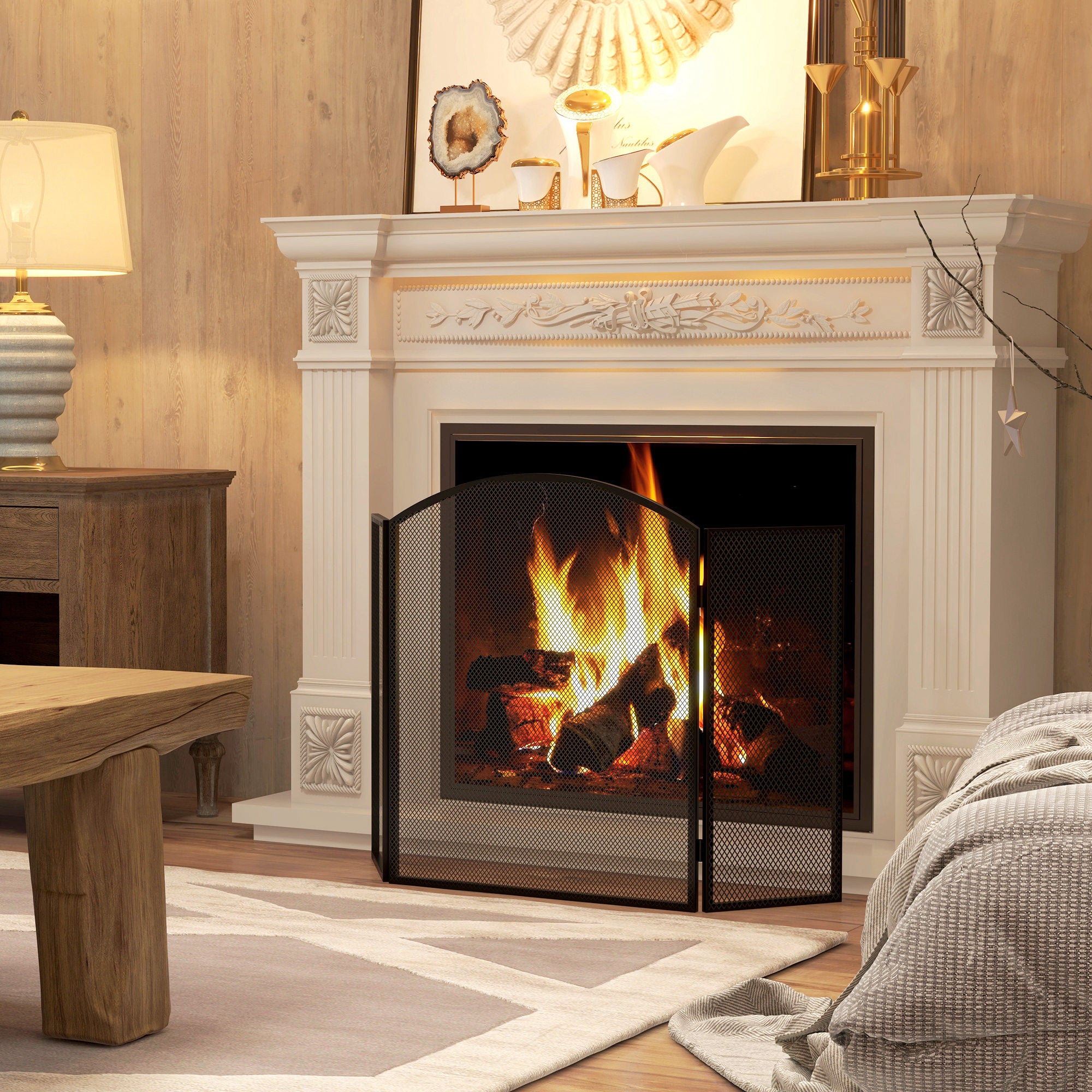 Fireplace Spark Guard 3-Panel Foldable Fireplace Protector with Steel Structure 96x62 cm Black