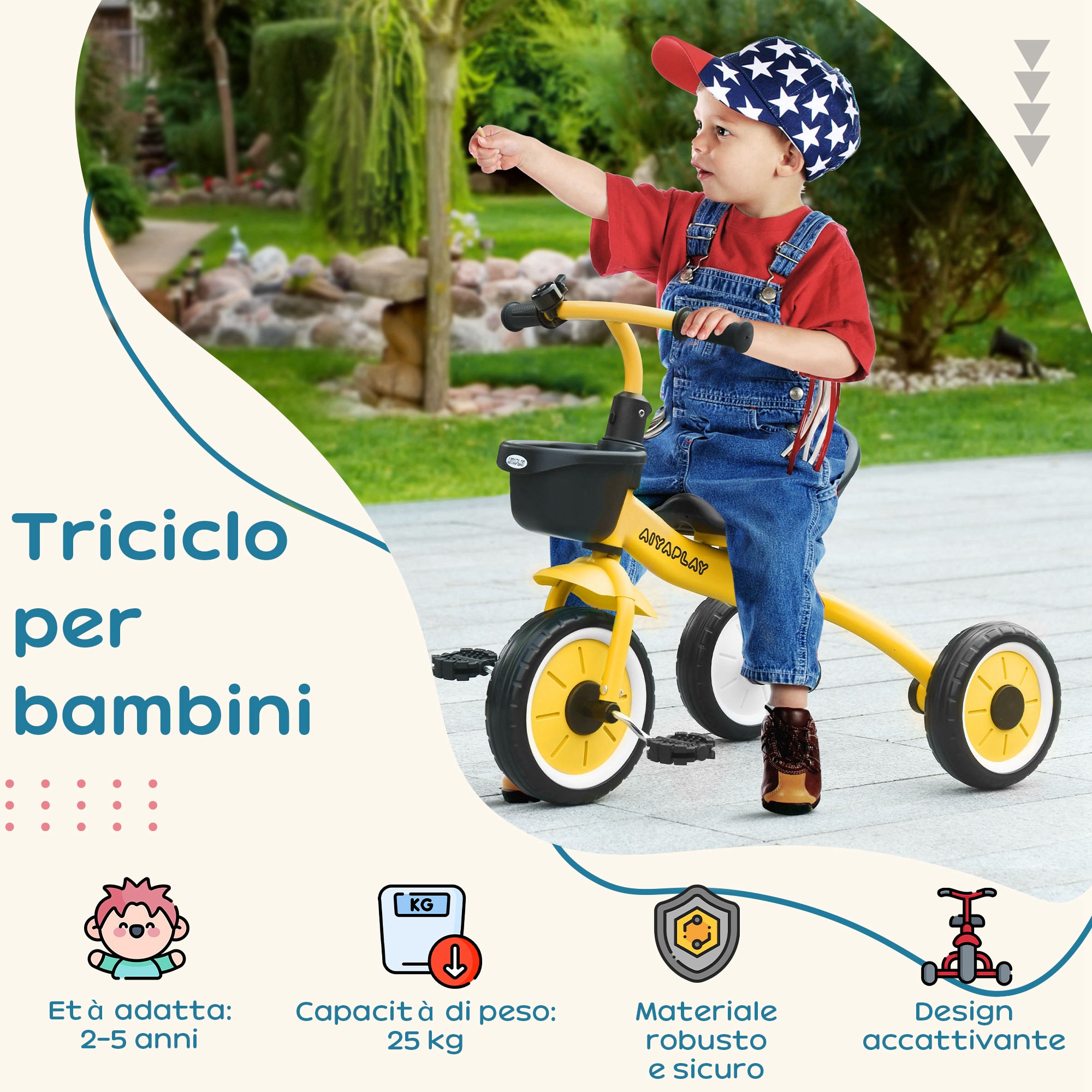 Kids Tricycle for 2-5 Year Olds with Adjustable Seat, Bike for Kids with Basket and Bell, 70.5x53x58 cm, Yellow