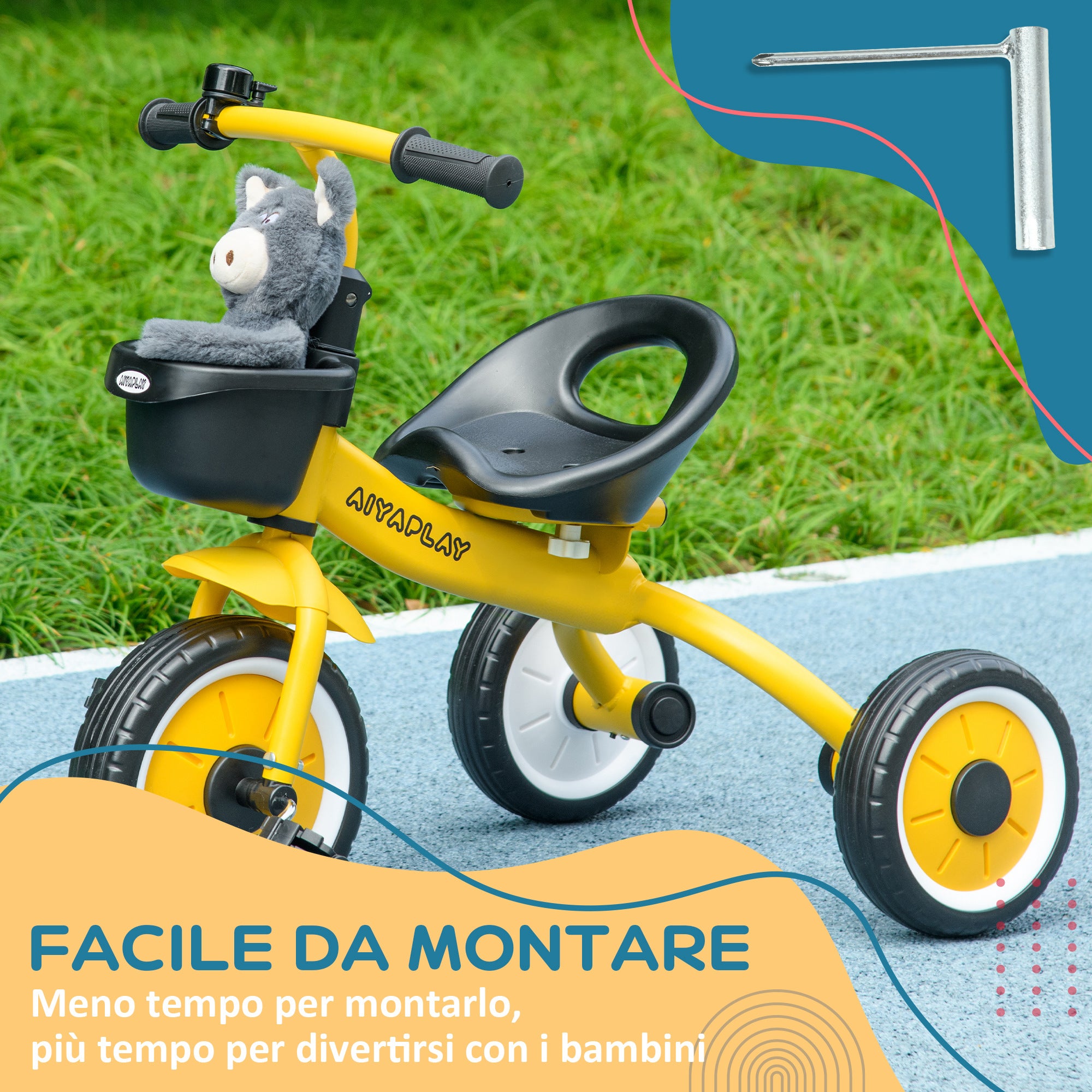 Kids Tricycle for 2-5 Year Olds with Adjustable Seat, Bike for Kids with Basket and Bell, 70.5x53x58 cm, Yellow