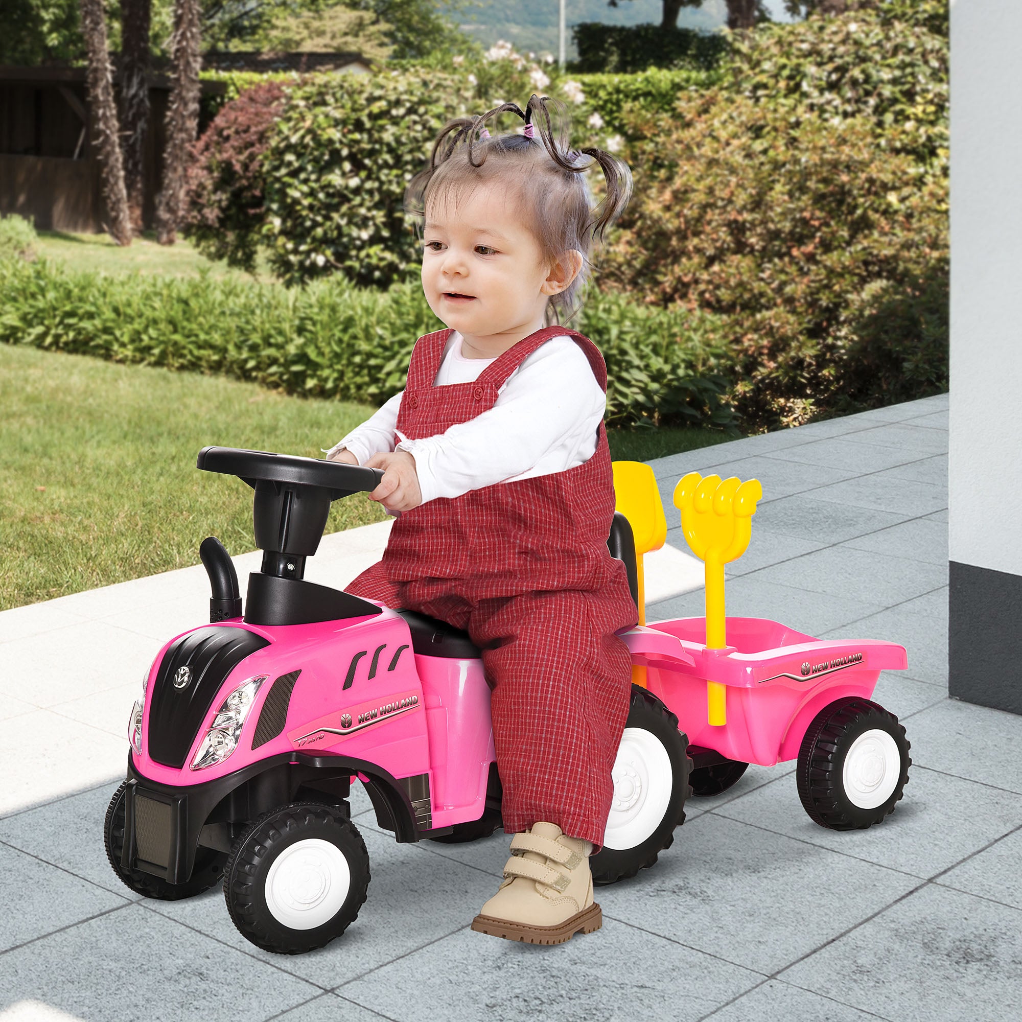 No-Pedal Tractor for Kids 12-36 Months with Removable Trailer Ride-On Car with Horn Headlights Floor Seat 25 kg Load Capacity 91x29x44 cm Pink