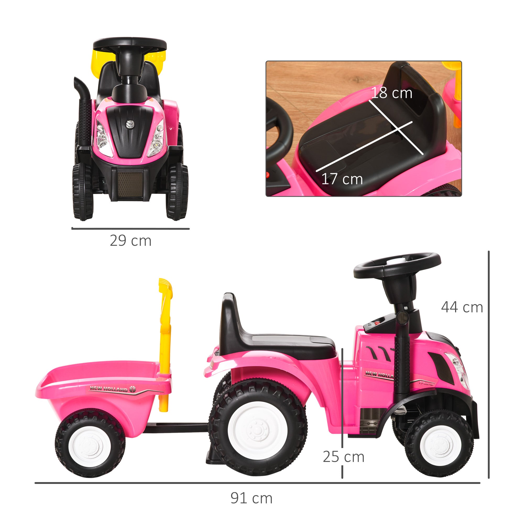 No-Pedal Tractor for Kids 12-36 Months with Removable Trailer Ride-On Car with Horn Headlights Floor Seat 25 kg Load Capacity 91x29x44 cm Pink