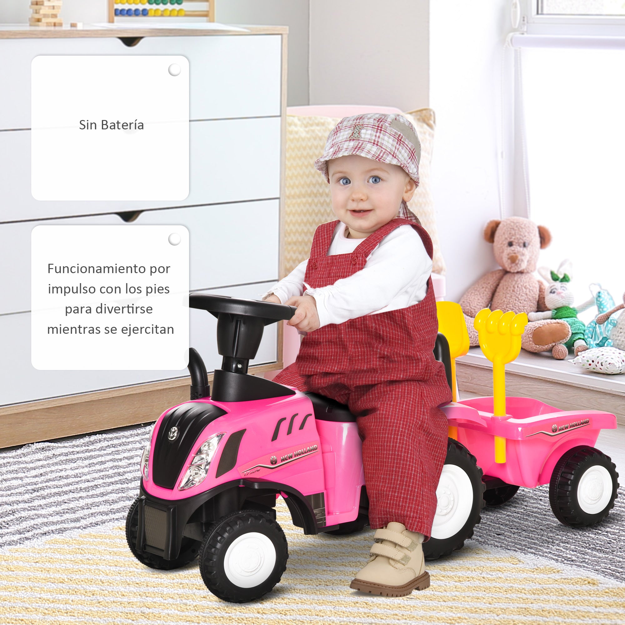 No-Pedal Tractor for Kids 12-36 Months with Removable Trailer Ride-On Car with Horn Headlights Floor Seat 25 kg Load Capacity 91x29x44 cm Pink