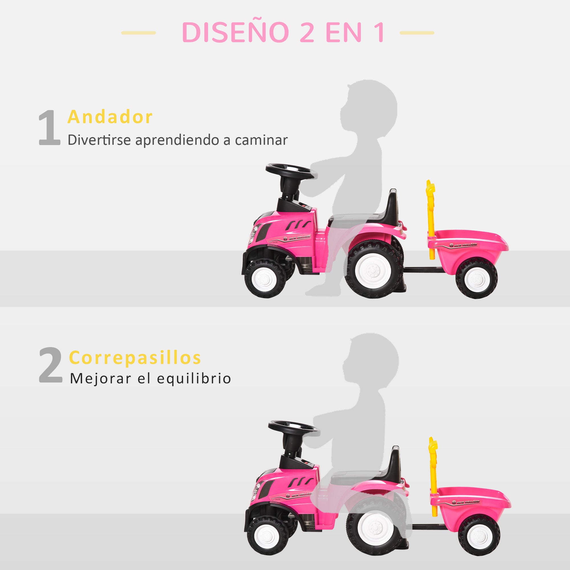 No-Pedal Tractor for Kids 12-36 Months with Removable Trailer Ride-On Car with Horn Headlights Floor Seat 25 kg Load Capacity 91x29x44 cm Pink