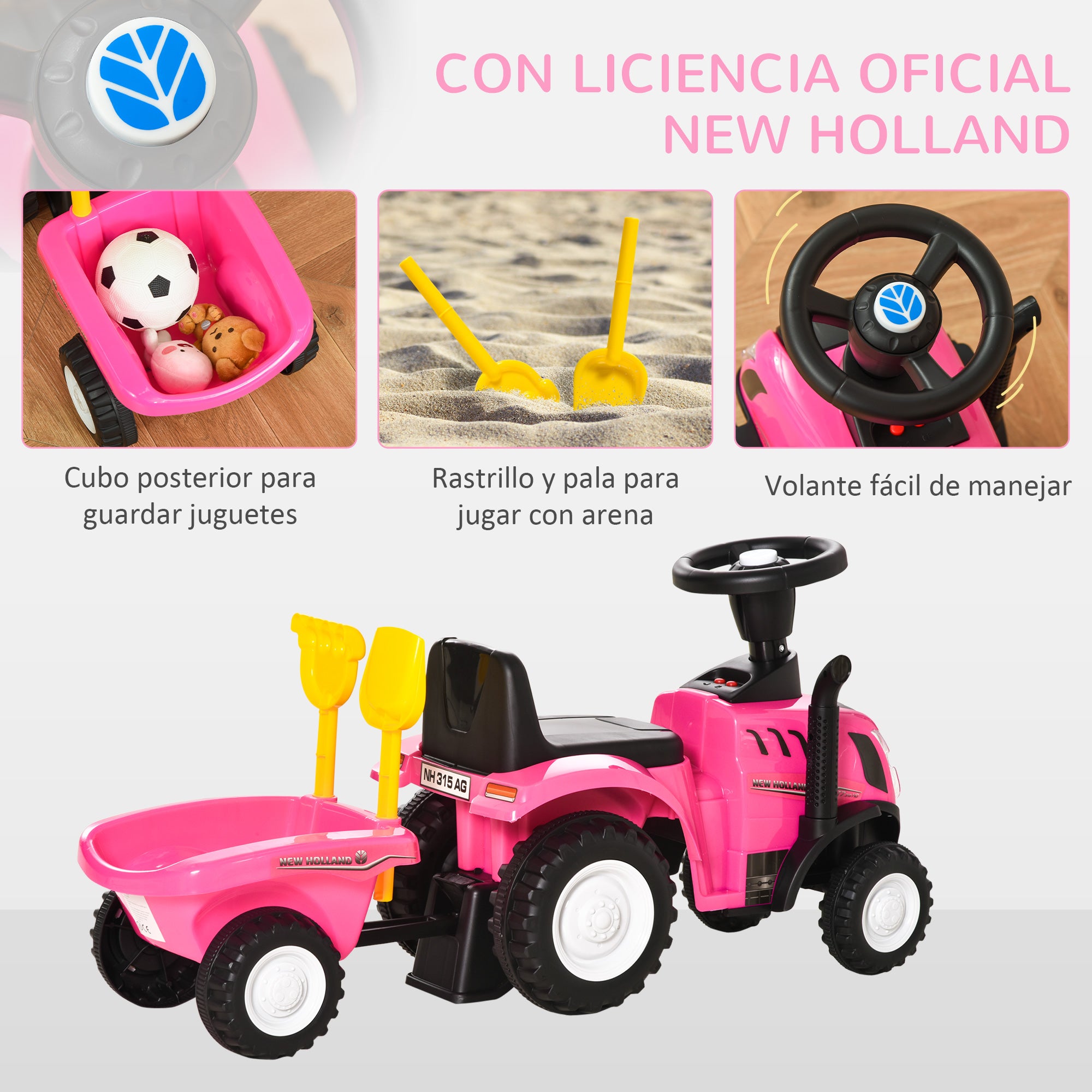 No-Pedal Tractor for Kids 12-36 Months with Removable Trailer Ride-On Car with Horn Headlights Floor Seat 25 kg Load Capacity 91x29x44 cm Pink