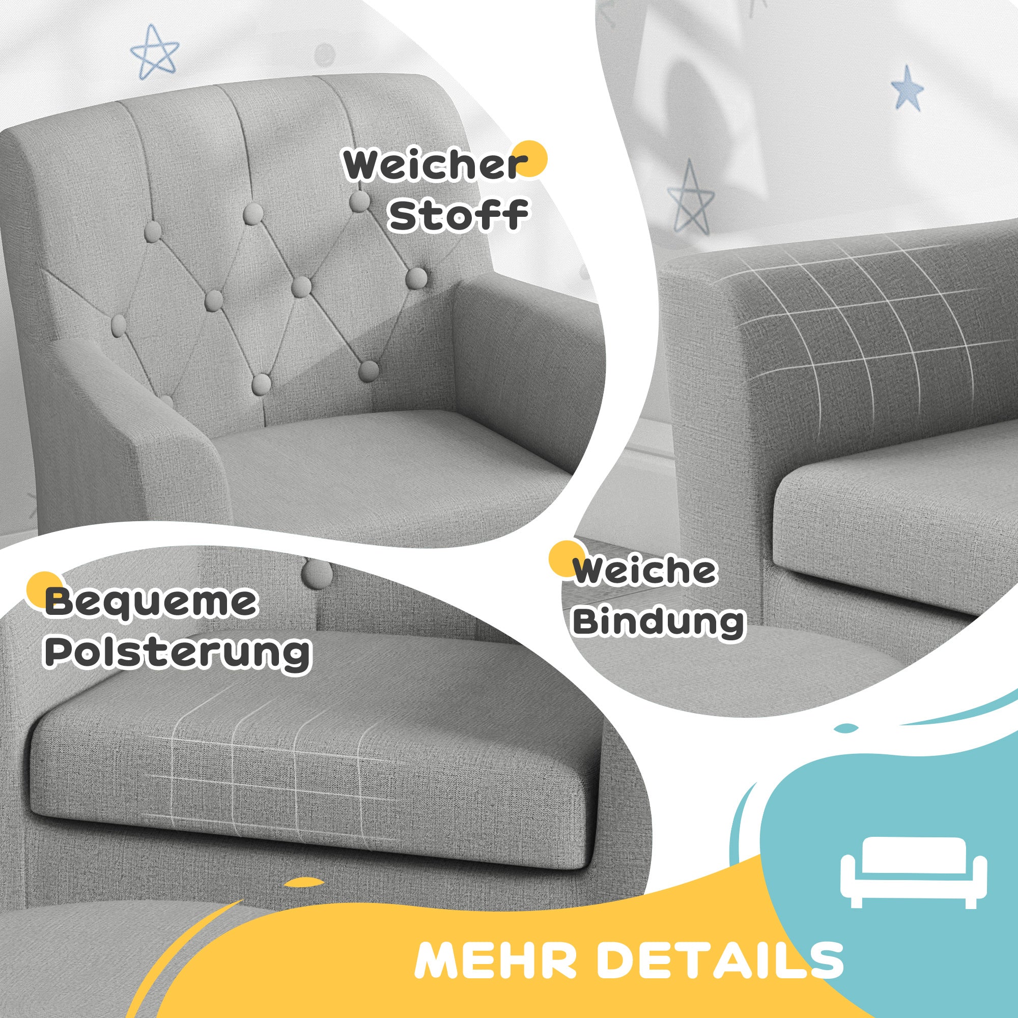 Children's Chair Children's Sofa with Ottoman Kids Couch 1.5-3 Years Children's Furniture Nursery Linen Look Eucalyptus Wood Gray 45 x 43 x 50.5 cm