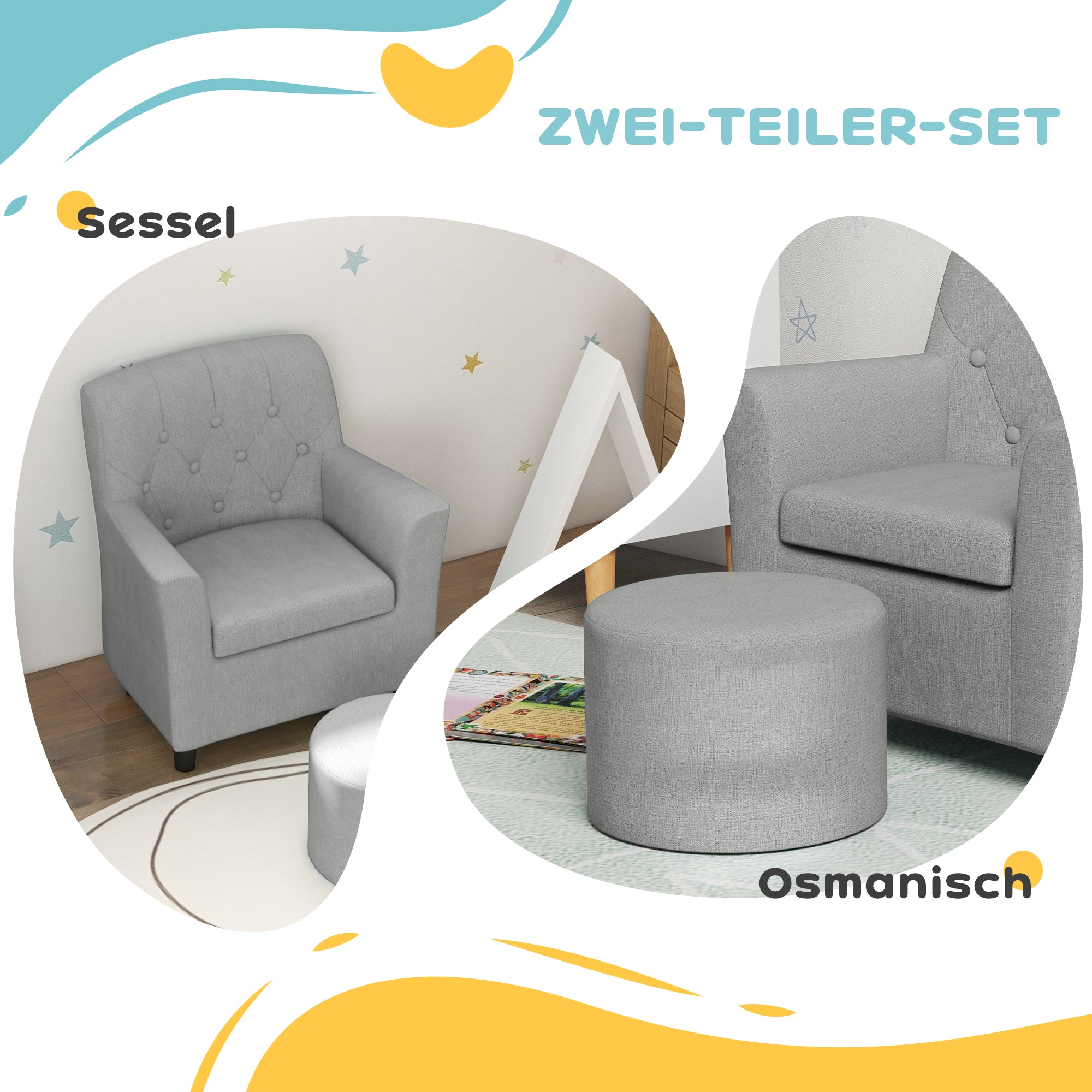 Children's Chair Children's Sofa with Ottoman Kids Couch 1.5-3 Years Children's Furniture Nursery Linen Look Eucalyptus Wood Gray 45 x 43 x 50.5 cm