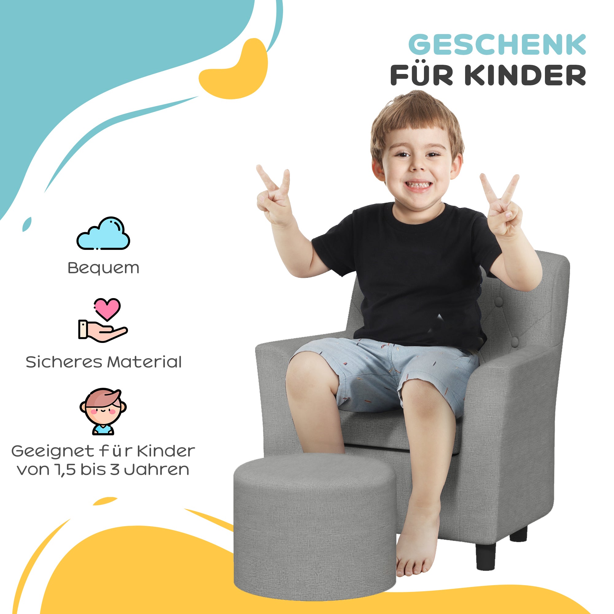 Children's Chair Children's Sofa with Ottoman Kids Couch 1.5-3 Years Children's Furniture Nursery Linen Look Eucalyptus Wood Gray 45 x 43 x 50.5 cm