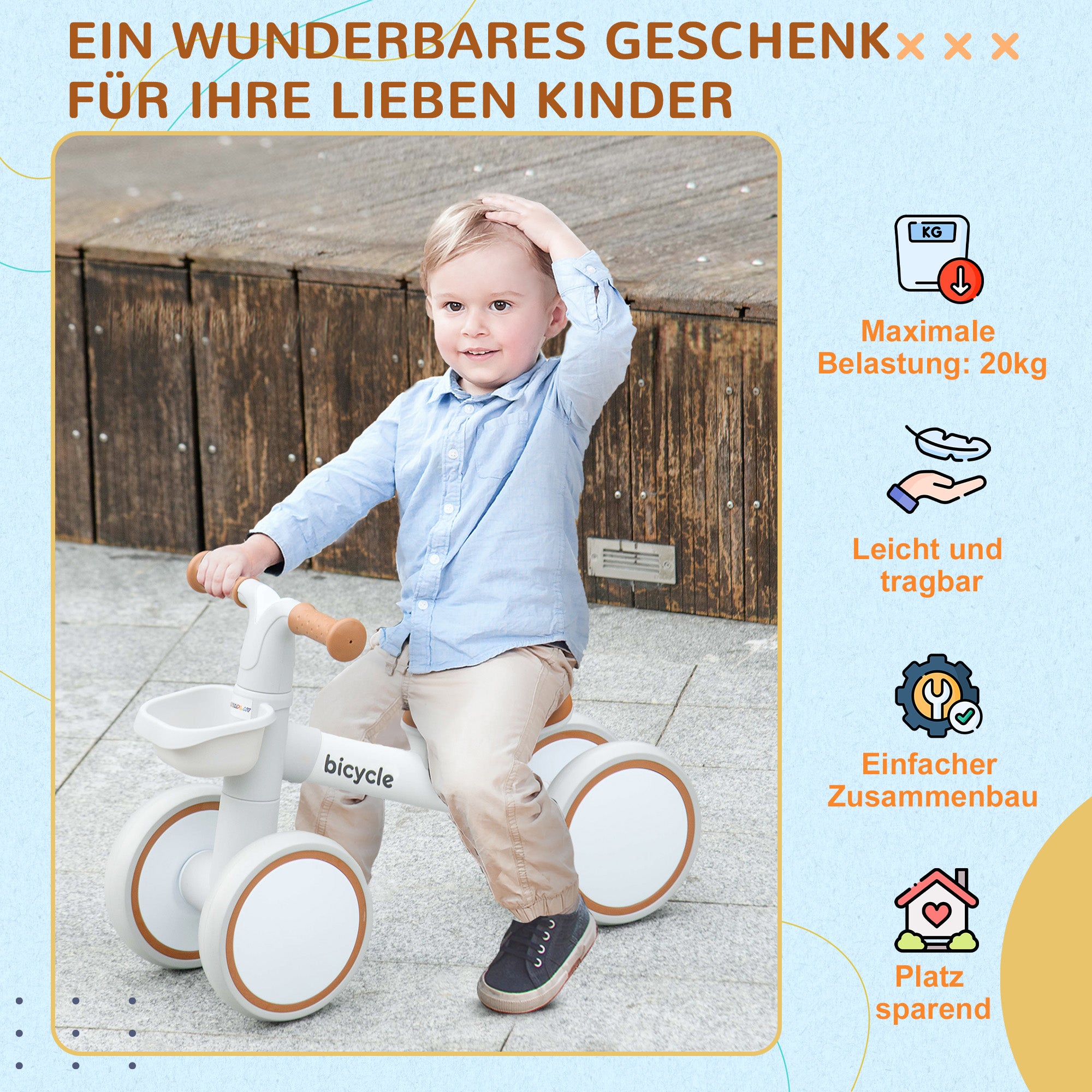 Children's Balance Bike from 1 Year Baby up to 20 kg Learning Bike with TPU Wheels Basket Adjustable Seat Saddle Kids Balance Bike Gifts for Boys Girls Toy Brown+White