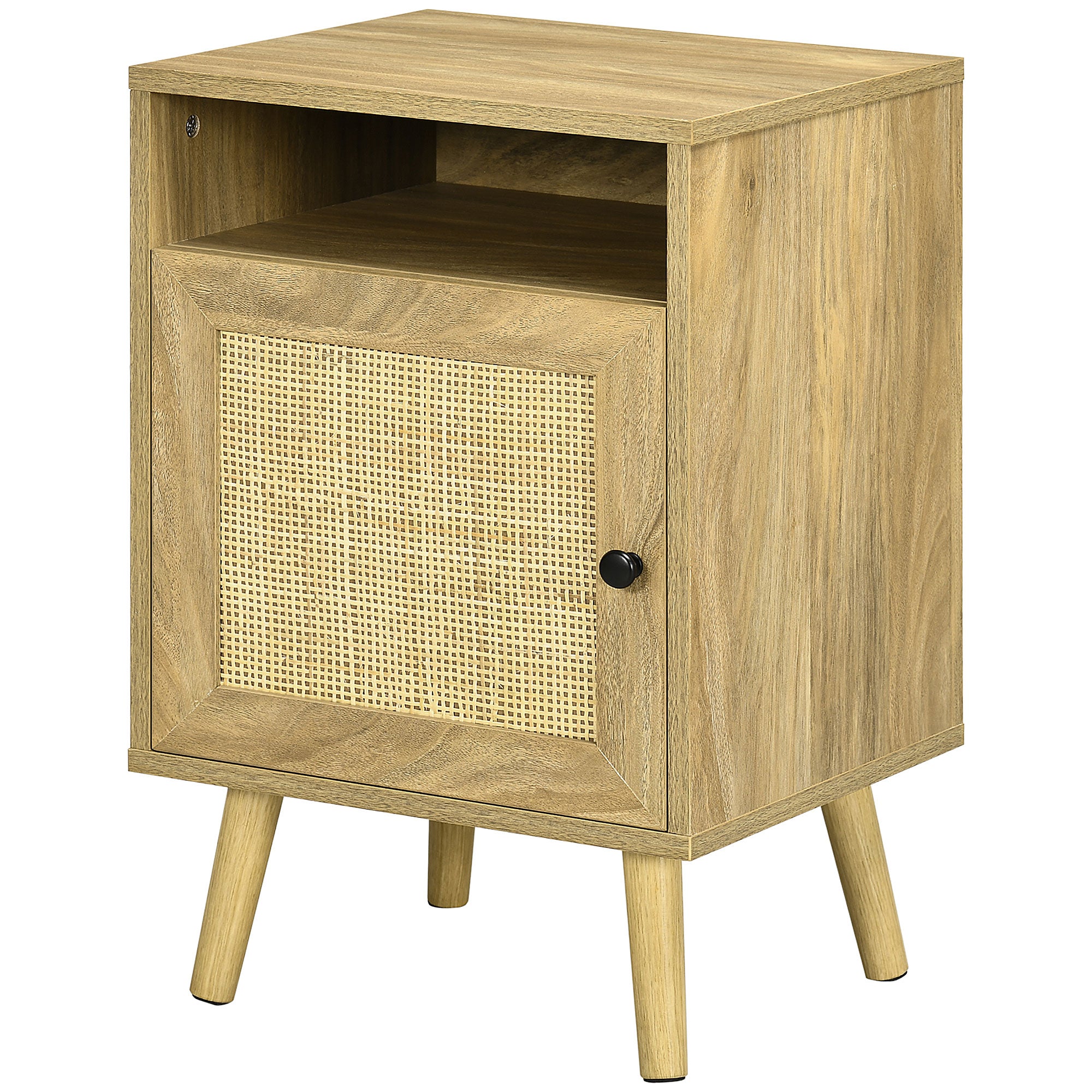 Nightstand Bedside Table with Rattan Door Open Compartment and Anti-tip Side Table for Bedroom Living Room 39x35x60 cm Natural