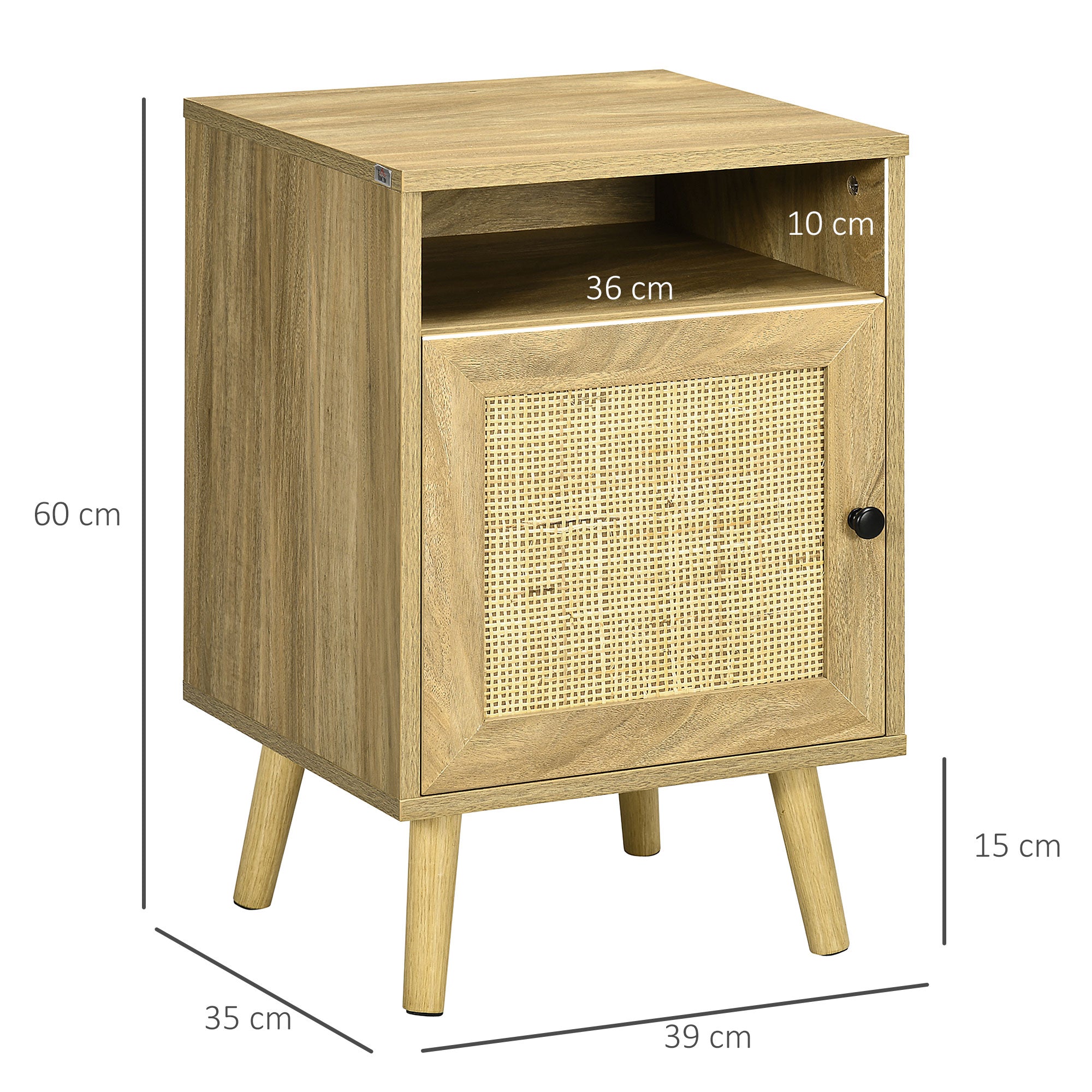 Nightstand Bedside Table with Rattan Door Open Compartment and Anti-tip Side Table for Bedroom Living Room 39x35x60 cm Natural