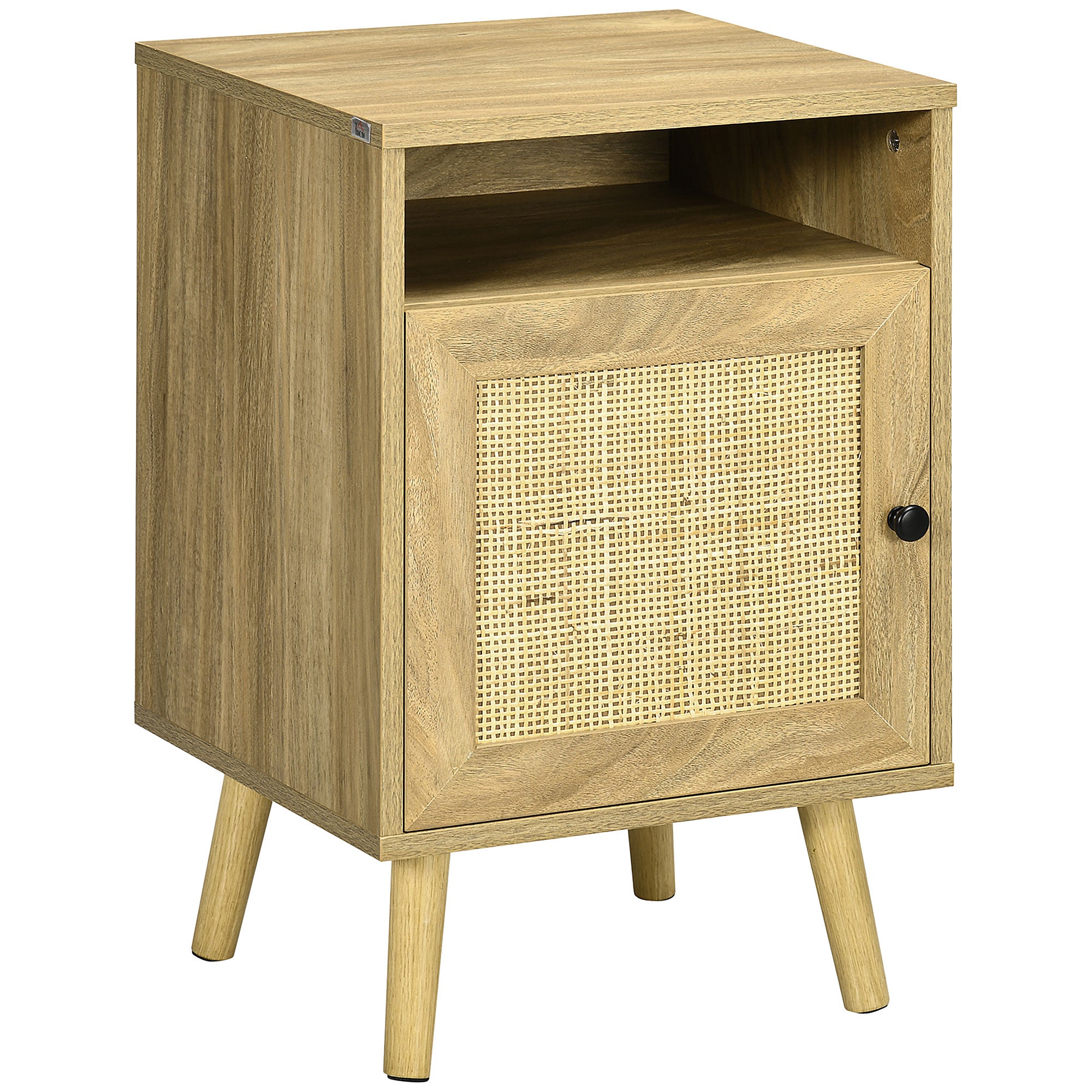 Nightstand Bedside Table with Rattan Door Open Compartment and Anti-tip Side Table for Bedroom Living Room 39x35x60 cm Natural
