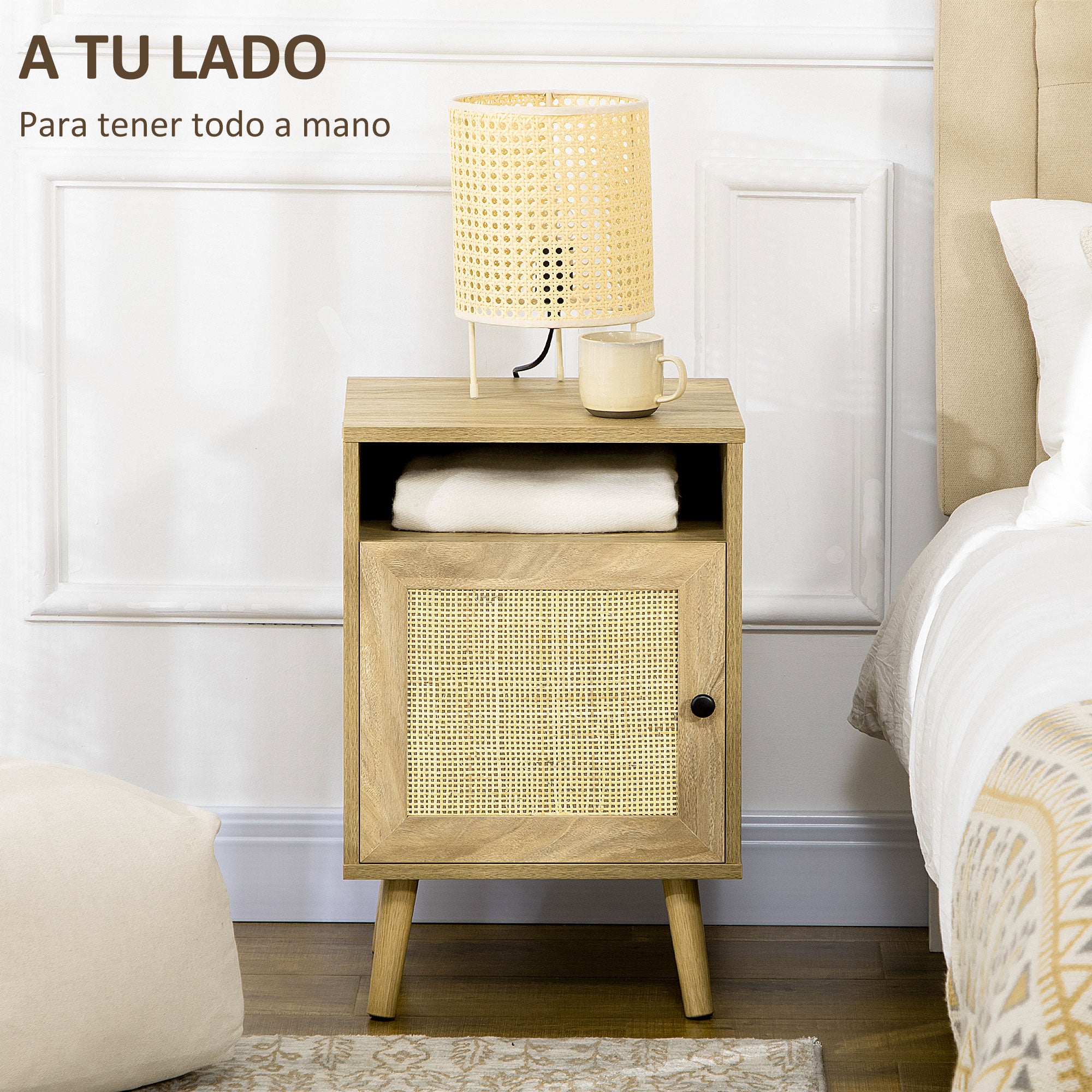 Nightstand Bedside Table with Rattan Door Open Compartment and Anti-tip Side Table for Bedroom Living Room 39x35x60 cm Natural