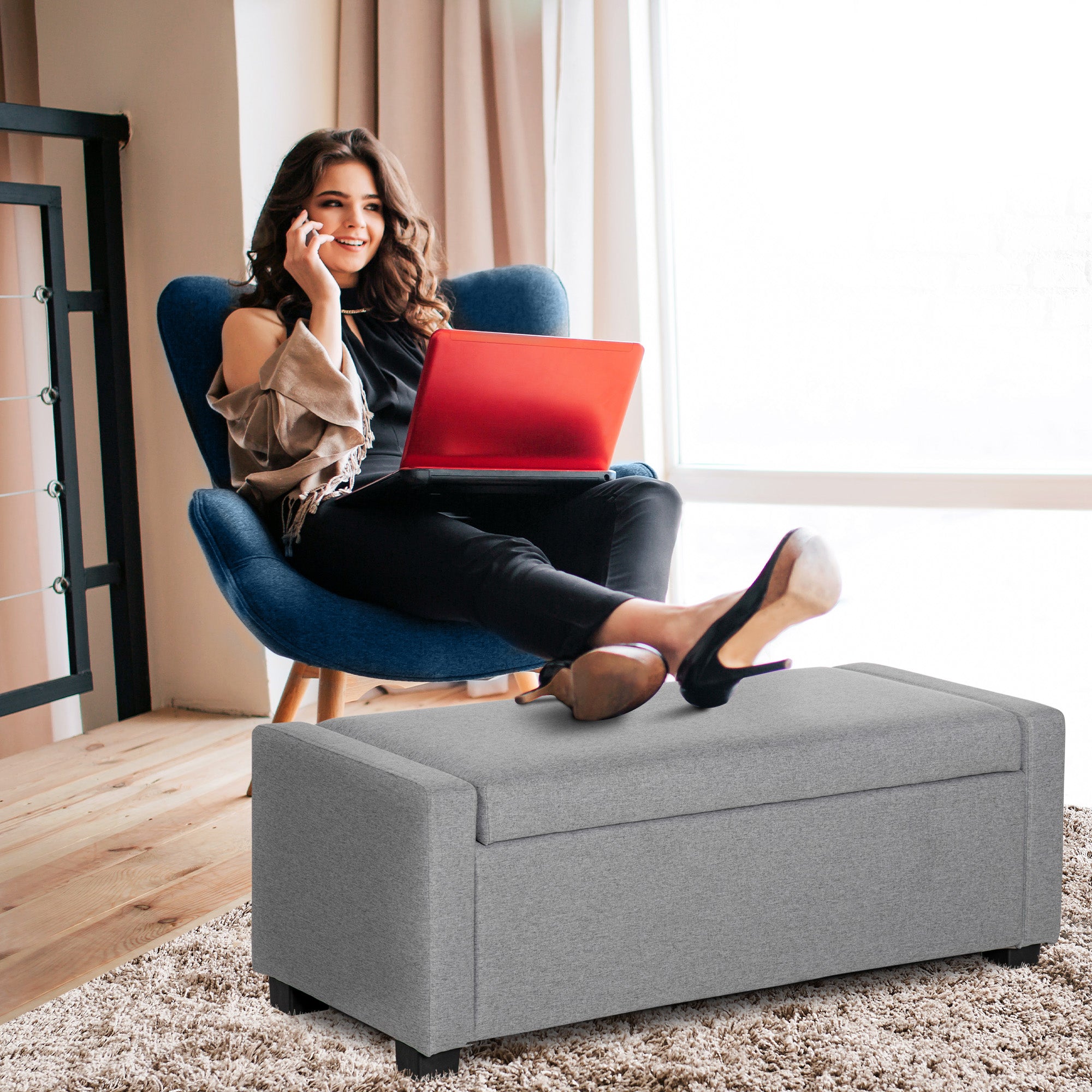 Storage Bench, Upholstered Bench with Storage Compartment, Bed End Bench, Modern Design, Plastic, Gray Fabric, Multiuse, 120x50x44cm, Gray