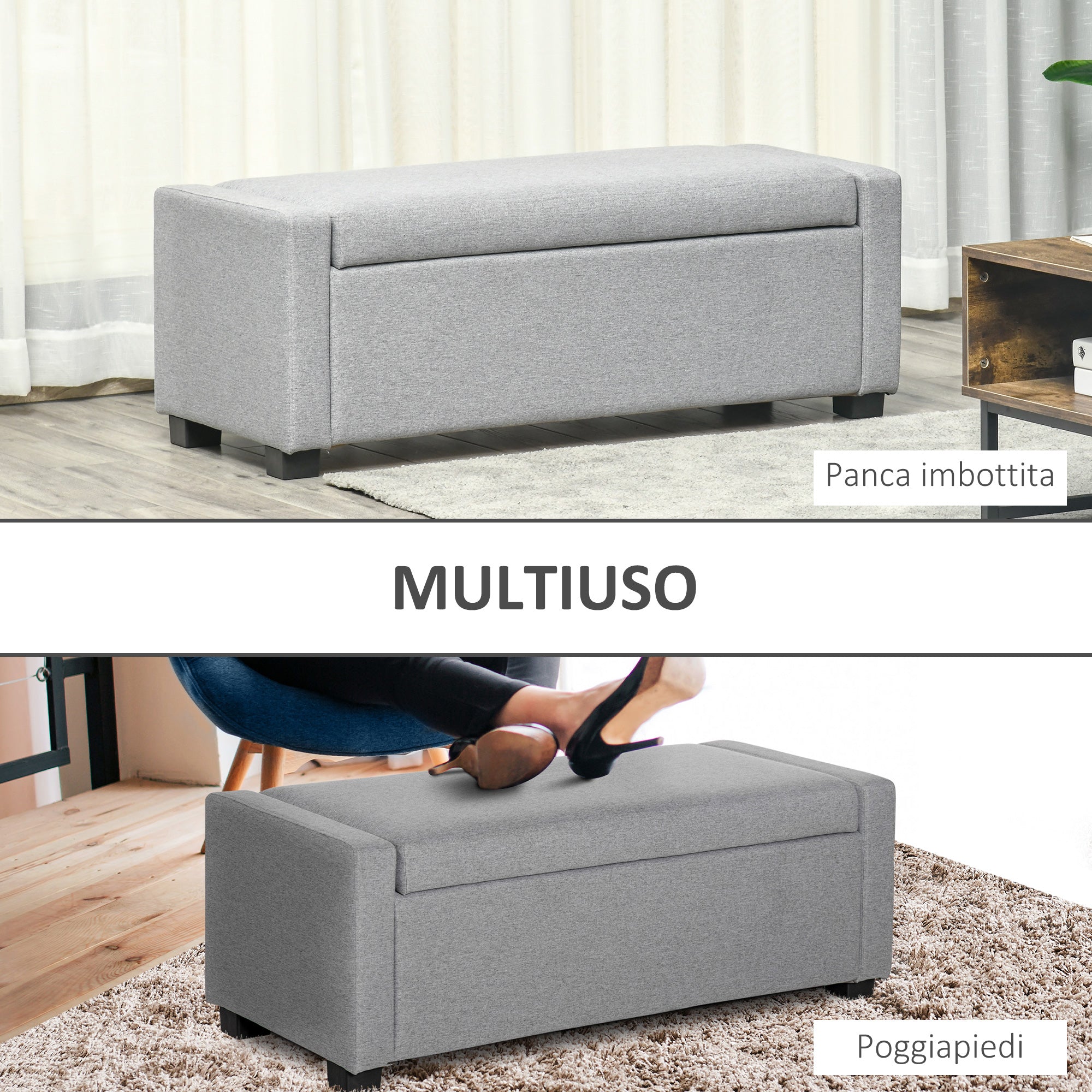Storage Bench, Upholstered Bench with Storage Compartment, Bed End Bench, Modern Design, Plastic, Gray Fabric, Multiuse, 120x50x44cm, Gray