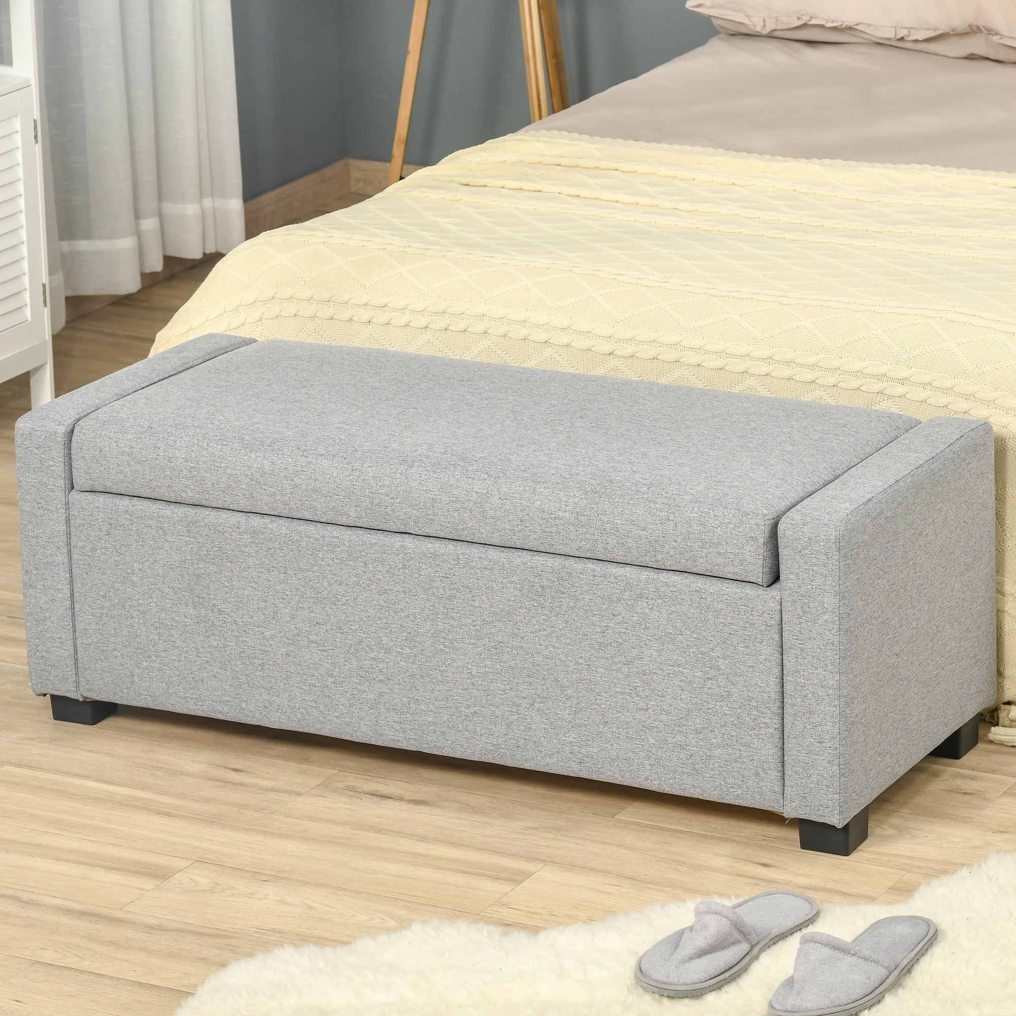 Storage Bench, Upholstered Bench with Storage Compartment, Bed End Bench, Modern Design, Plastic, Gray Fabric, Multiuse, 120x50x44cm, Gray